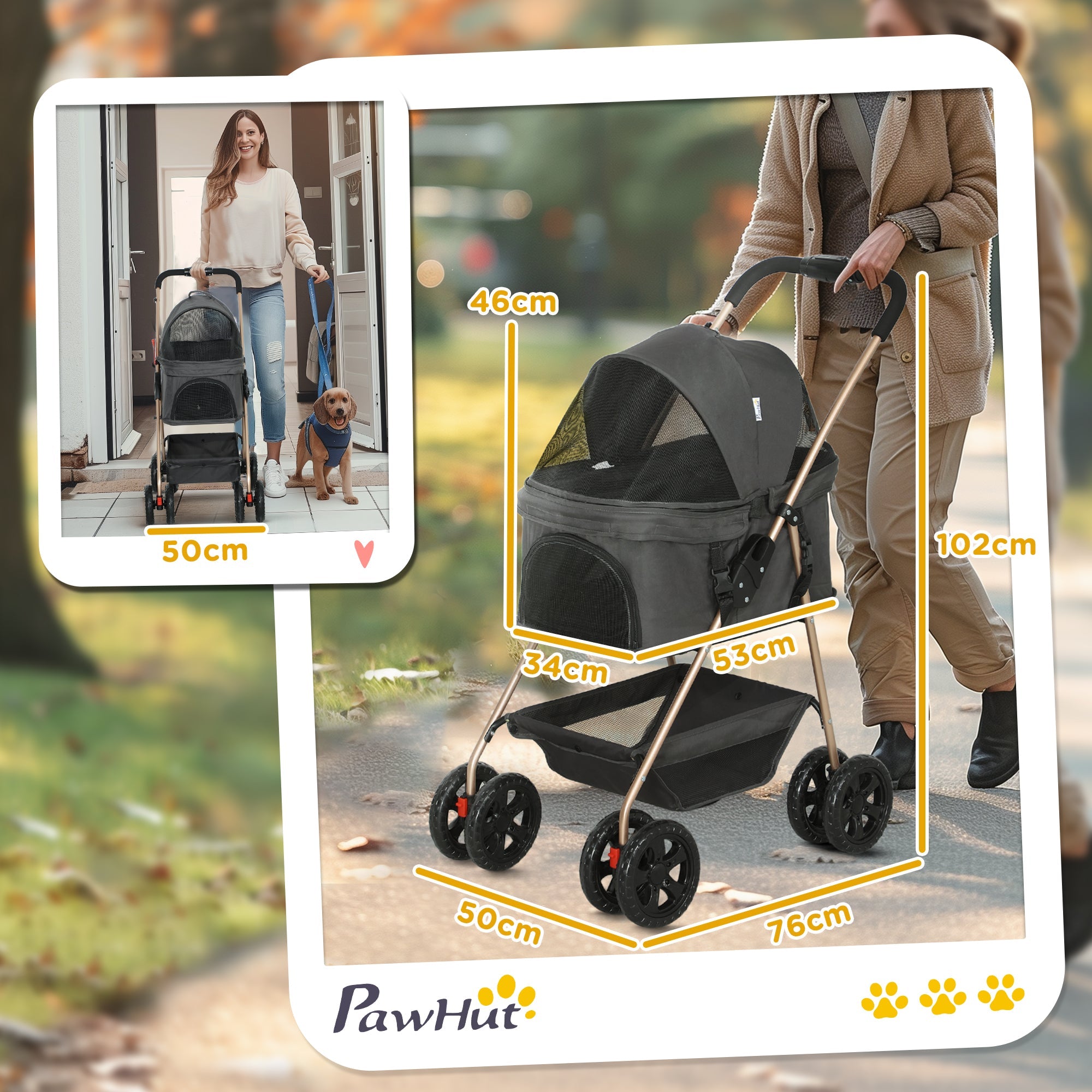 3 in 1 Pet Stroller, Folding 4 Wheels Dog Pram with Detachable Carrier for Mini Dogs Cats, Grey-2