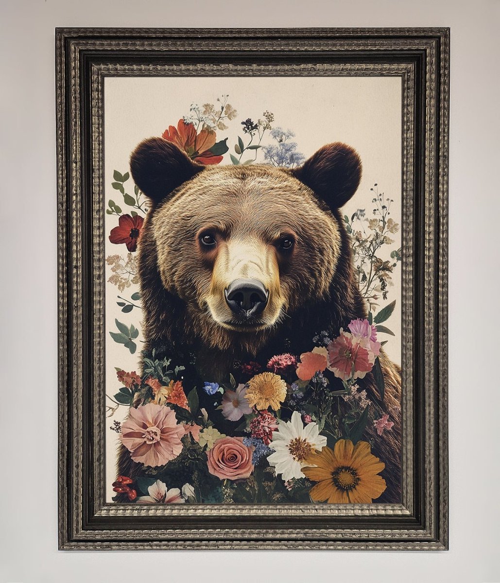 Brown Grizzly Bear Floral Framed Print-17