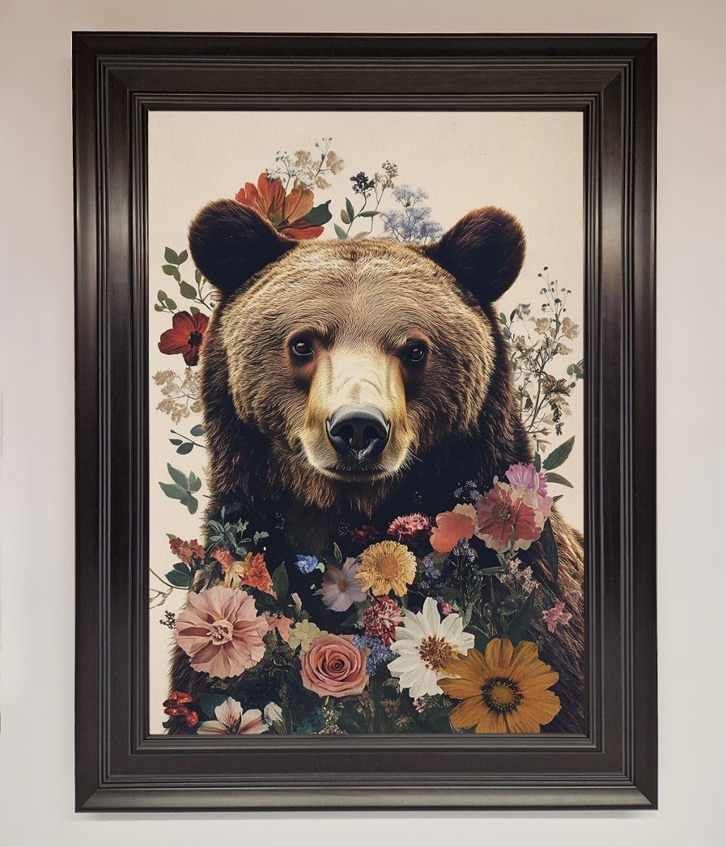 Brown Grizzly Bear Floral Framed Print-5