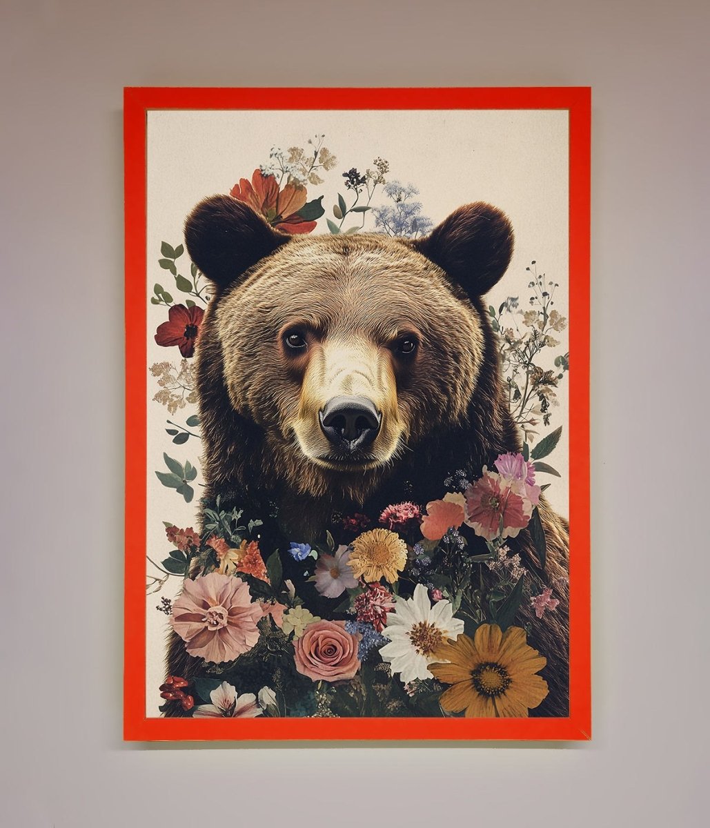Brown Grizzly Bear Floral Framed Print-14