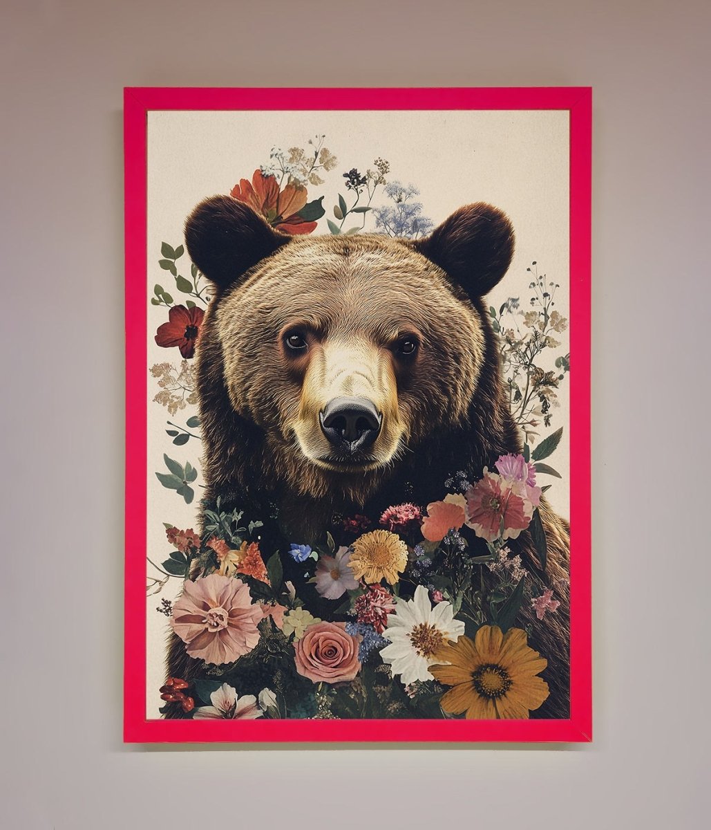 Brown Grizzly Bear Floral Framed Print-13