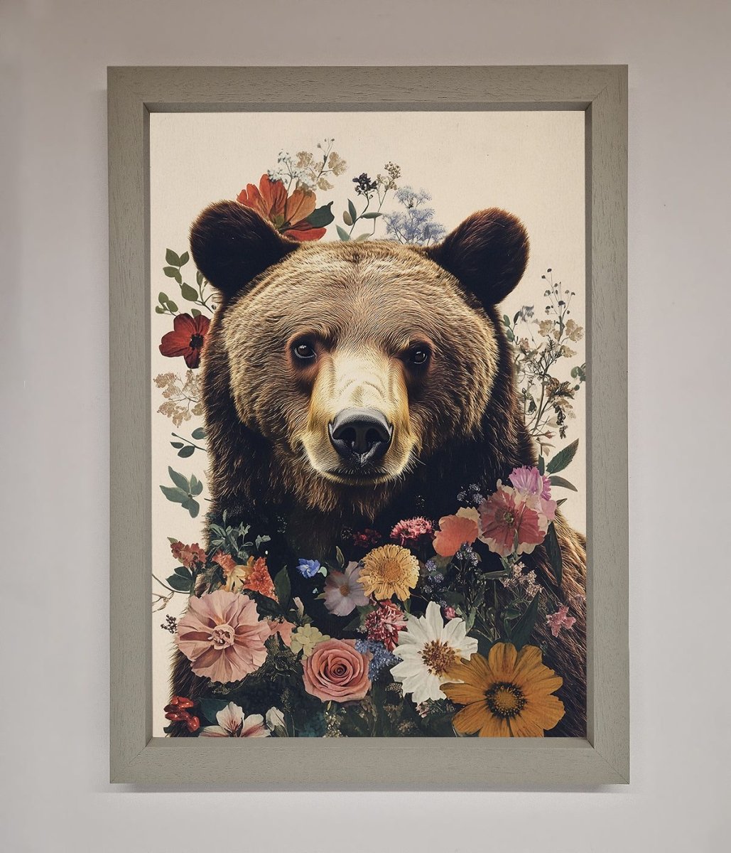 Brown Grizzly Bear Floral Framed Print-3