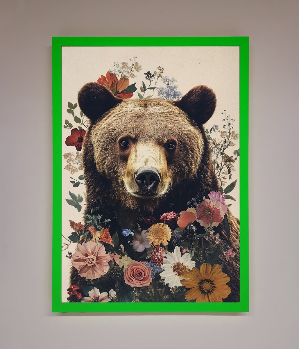 Brown Grizzly Bear Floral Framed Print-11
