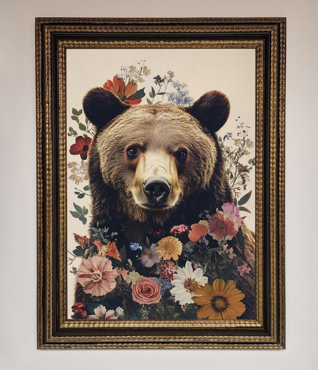 Brown Grizzly Bear Floral Framed Print-18