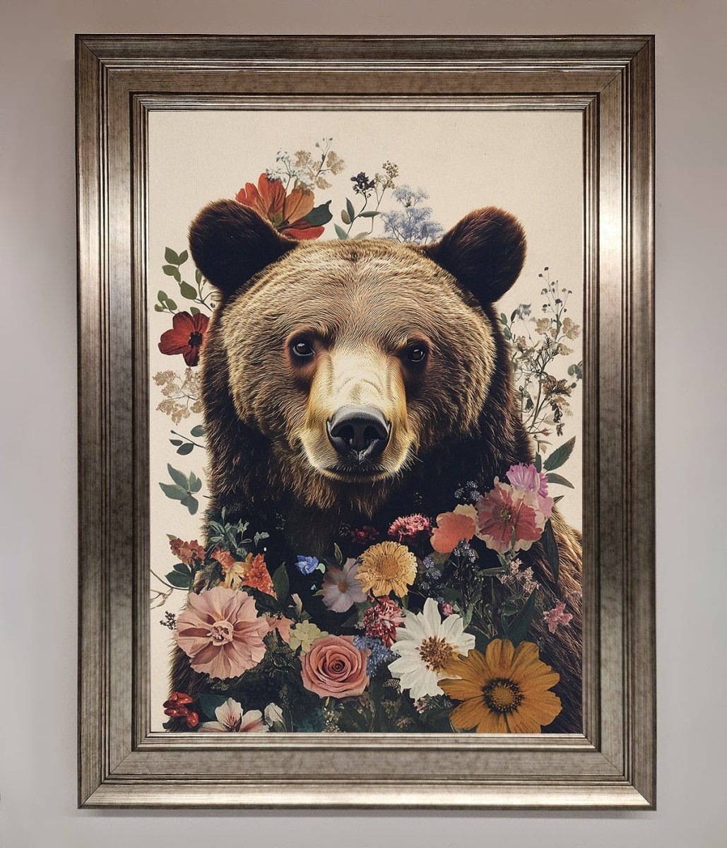 Brown Grizzly Bear Floral Framed Print-0