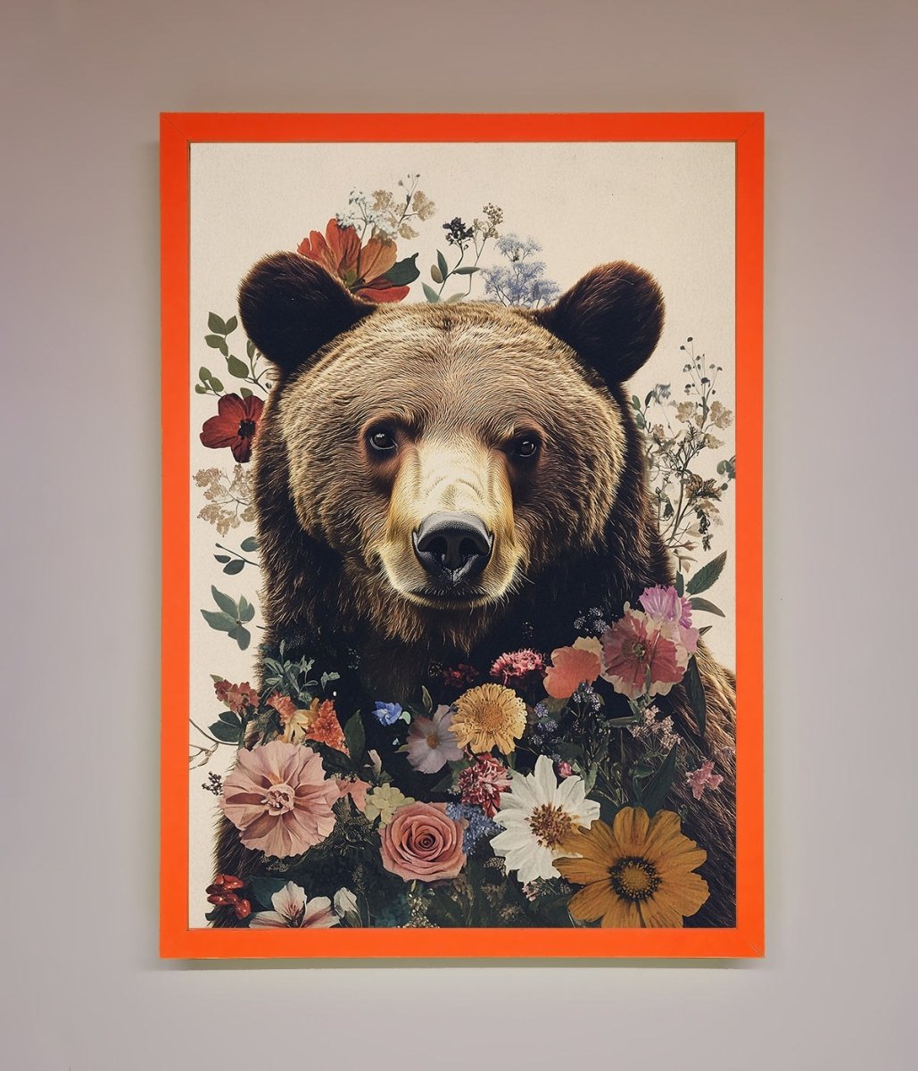 Brown Grizzly Bear Floral Framed Print-10