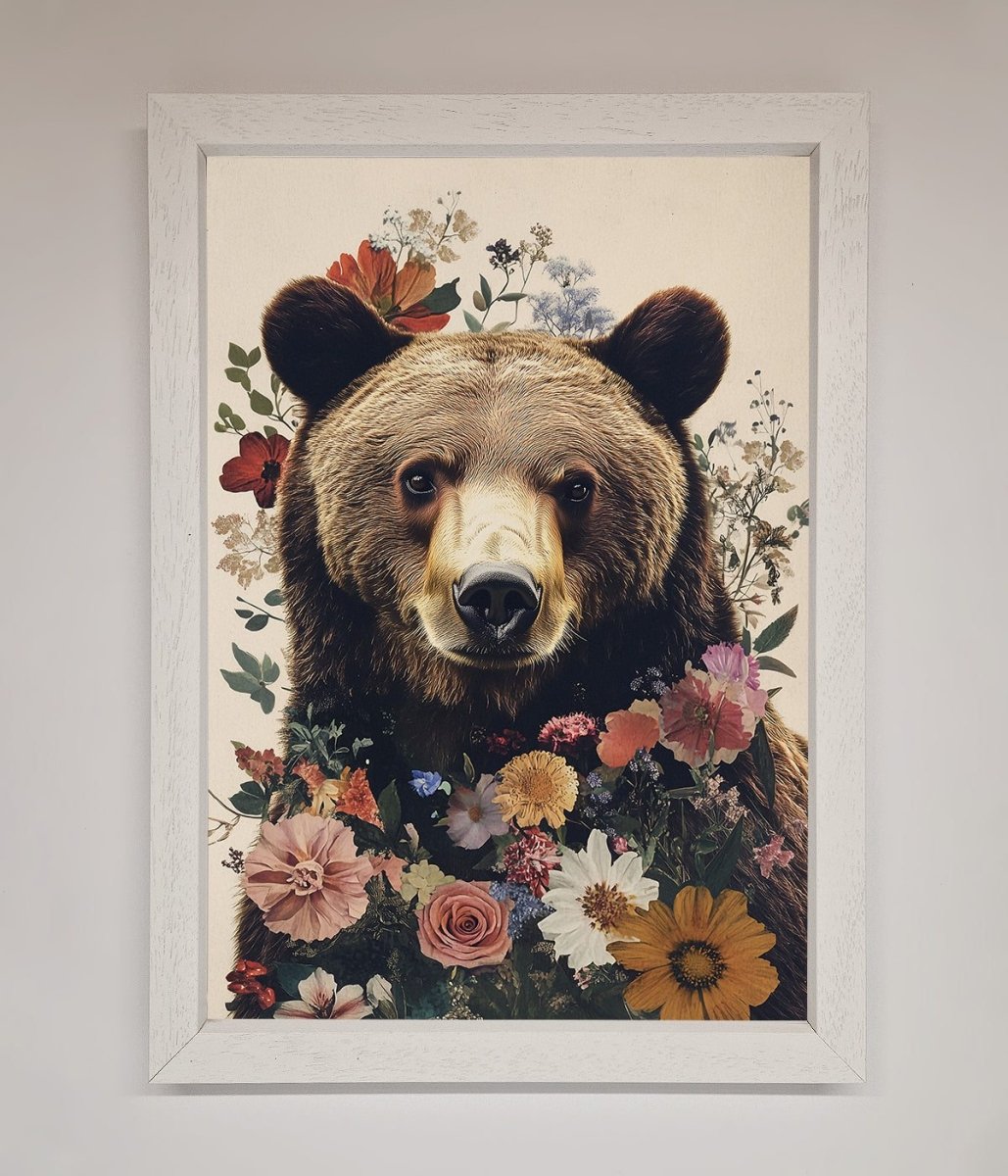 Brown Grizzly Bear Floral Framed Print-2