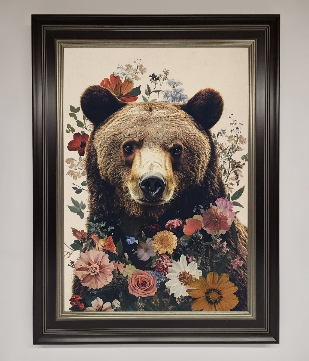 Brown Grizzly Bear Floral Framed Print-7