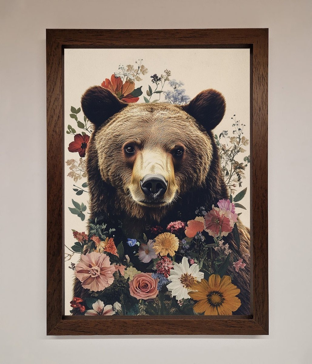 Brown Grizzly Bear Floral Framed Print-9