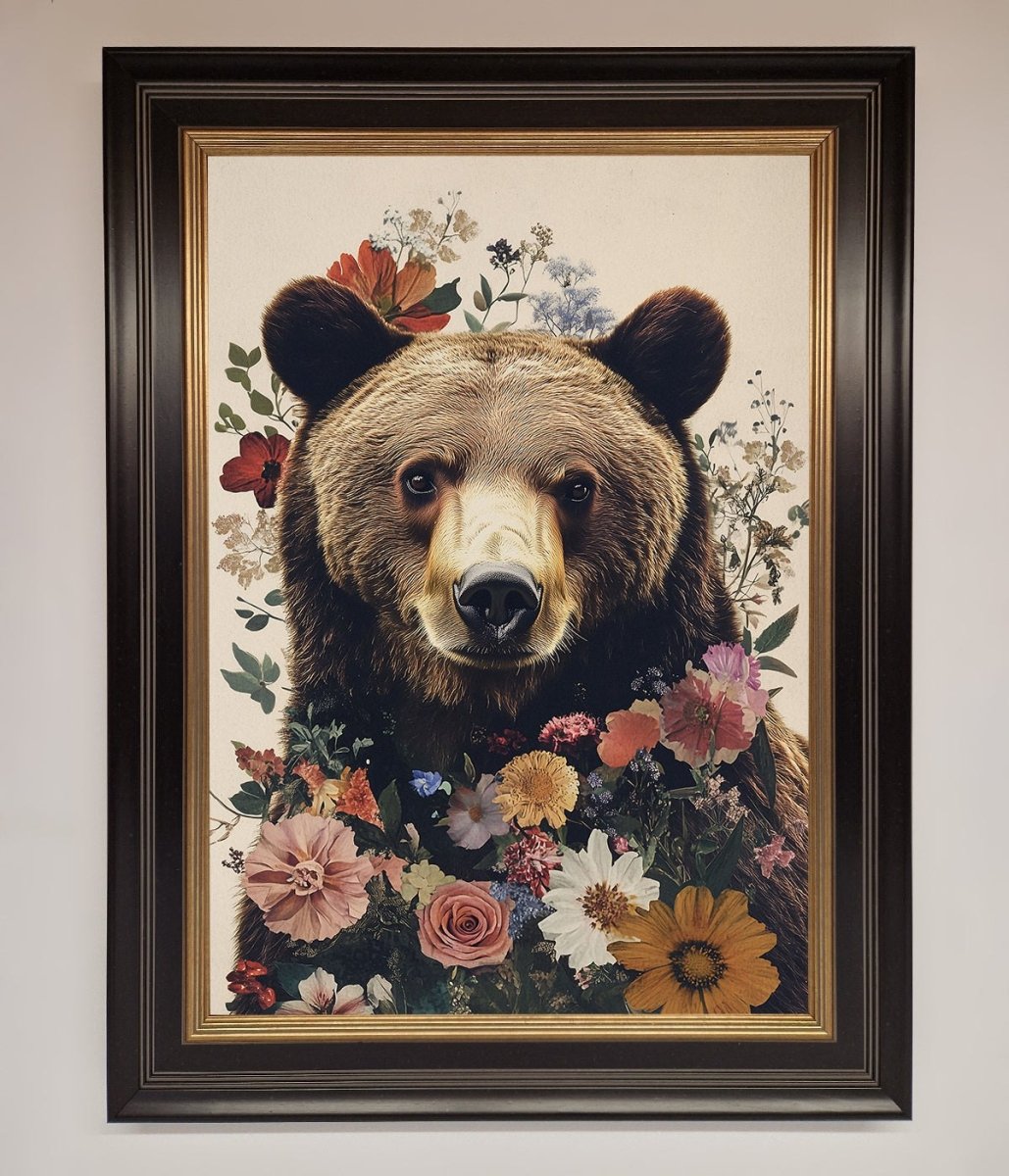 Brown Grizzly Bear Floral Framed Print-8