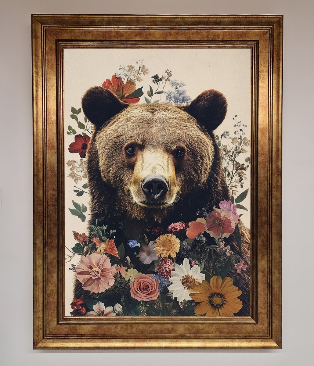 Brown Grizzly Bear Floral Framed Print-6
