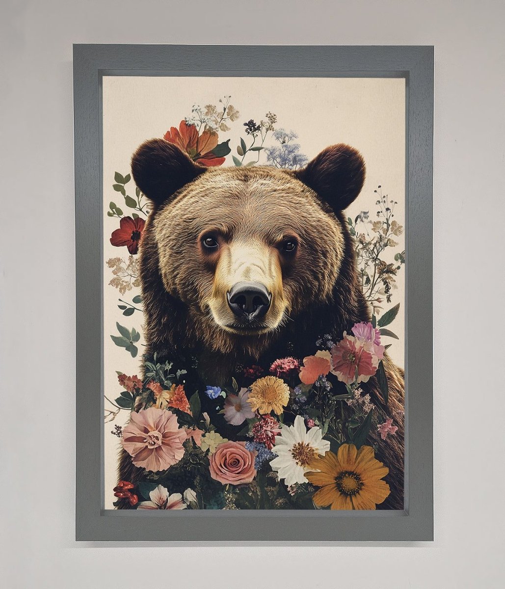 Brown Grizzly Bear Floral Framed Print-4