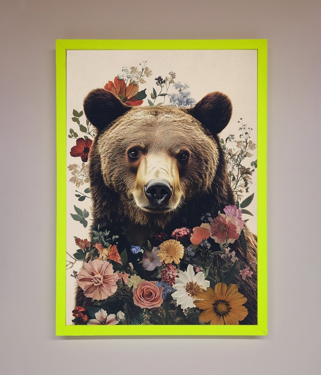 Brown Grizzly Bear Floral Framed Print-12