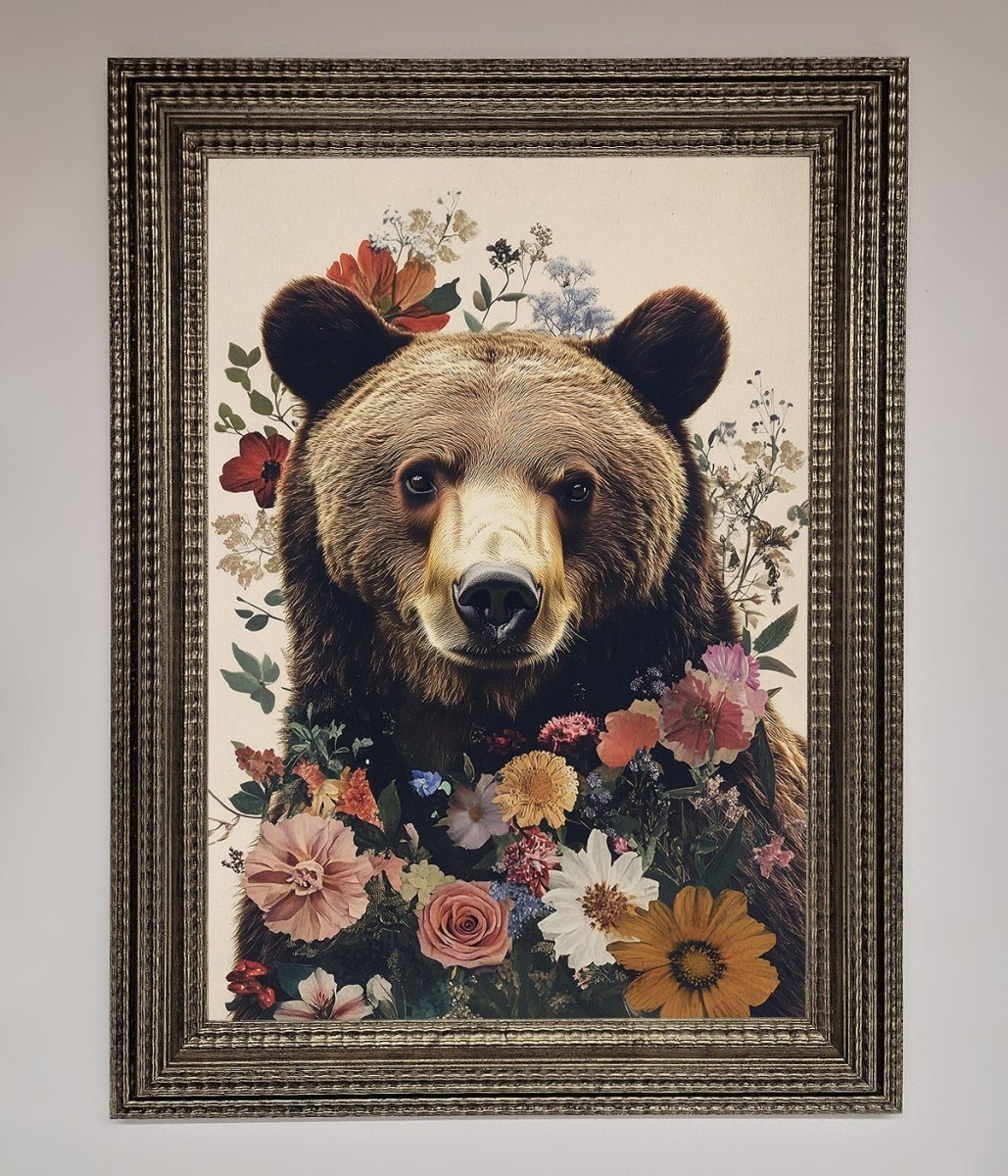Brown Grizzly Bear Floral Framed Print-16