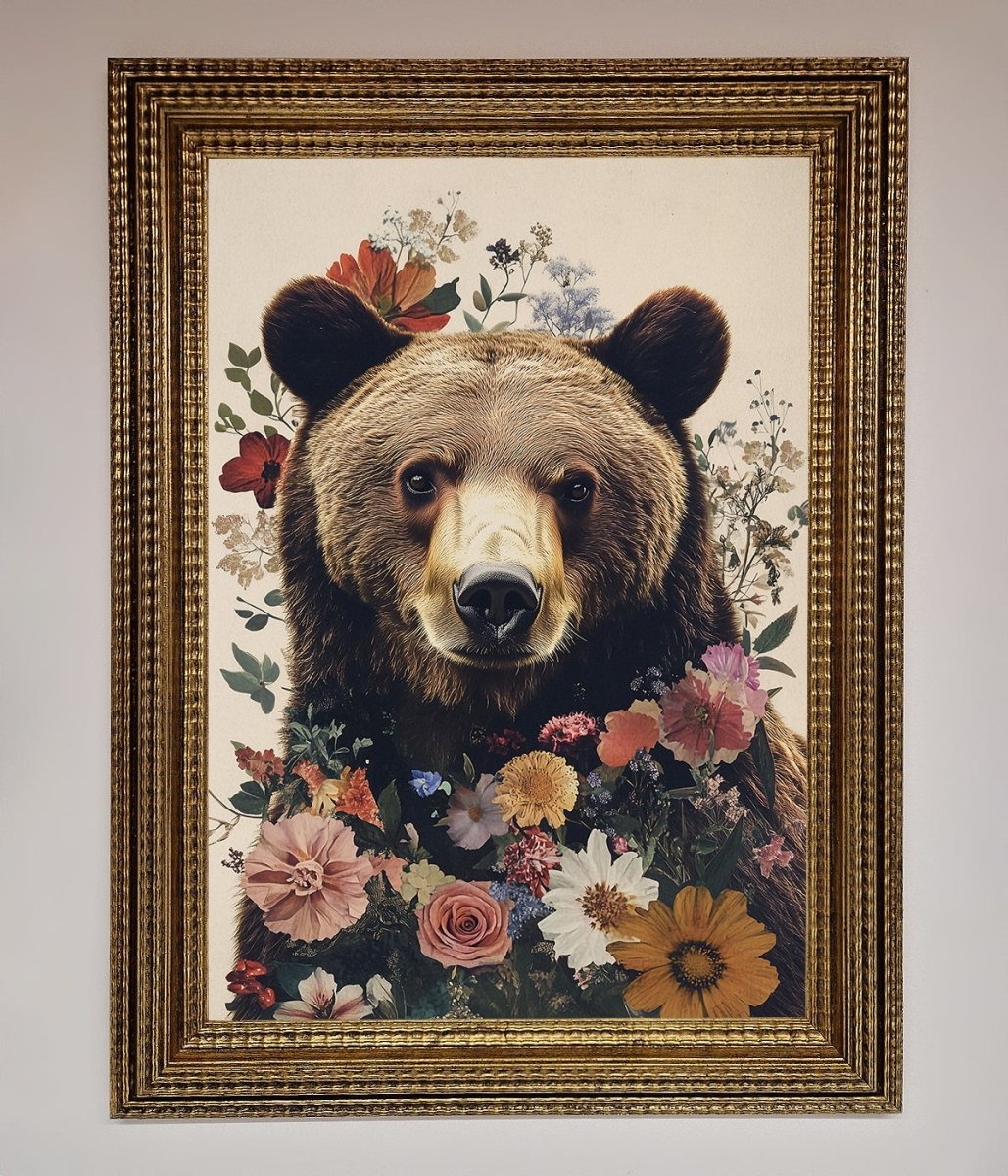 Brown Grizzly Bear Floral Framed Print-15
