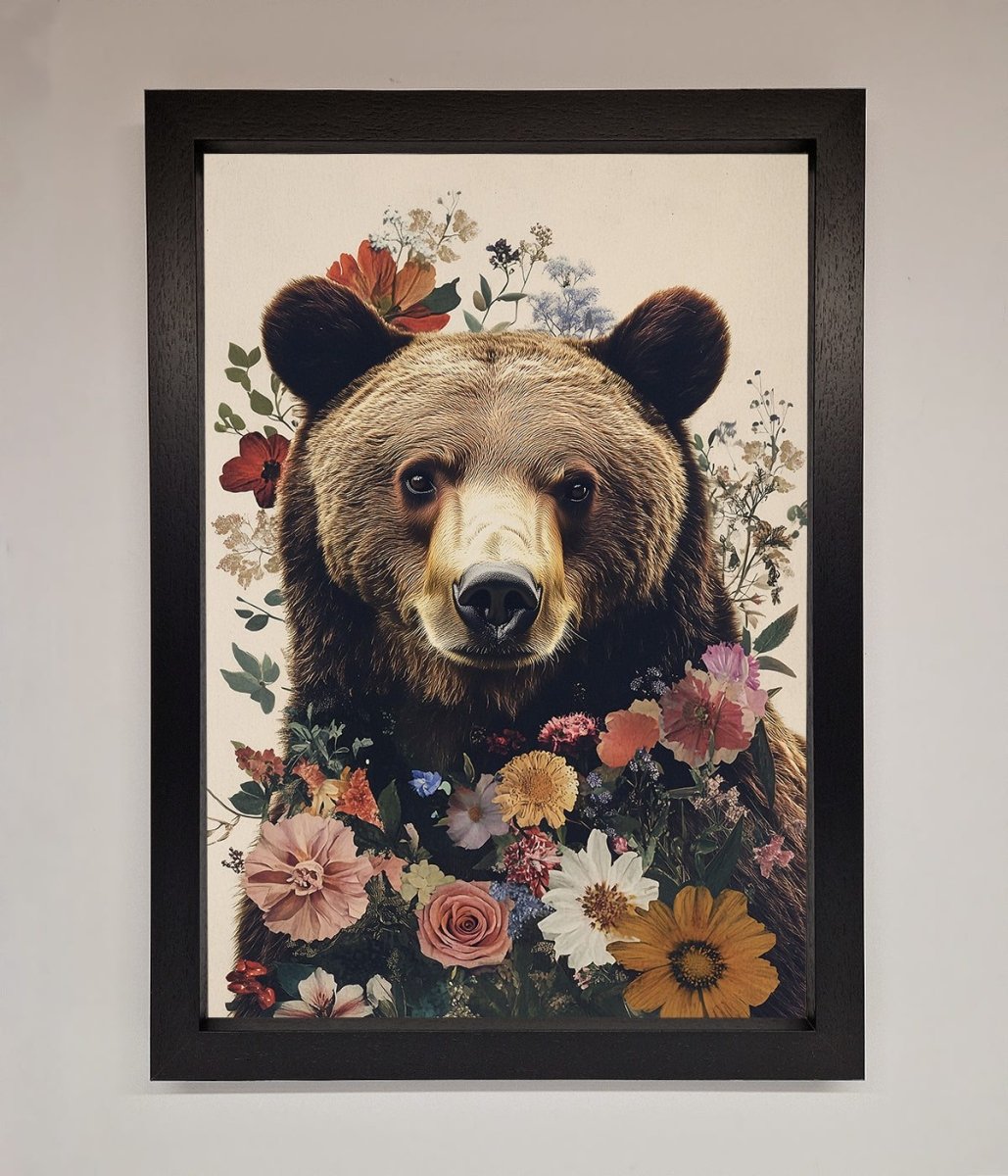 Brown Grizzly Bear Floral Framed Print-1
