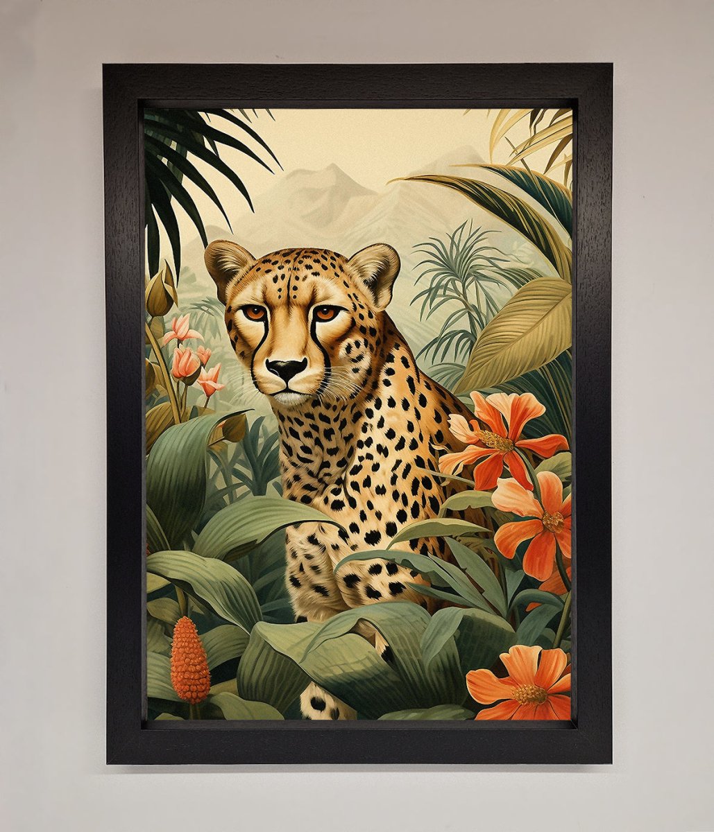 Cheetah In Flowers Framed Wall Art-1