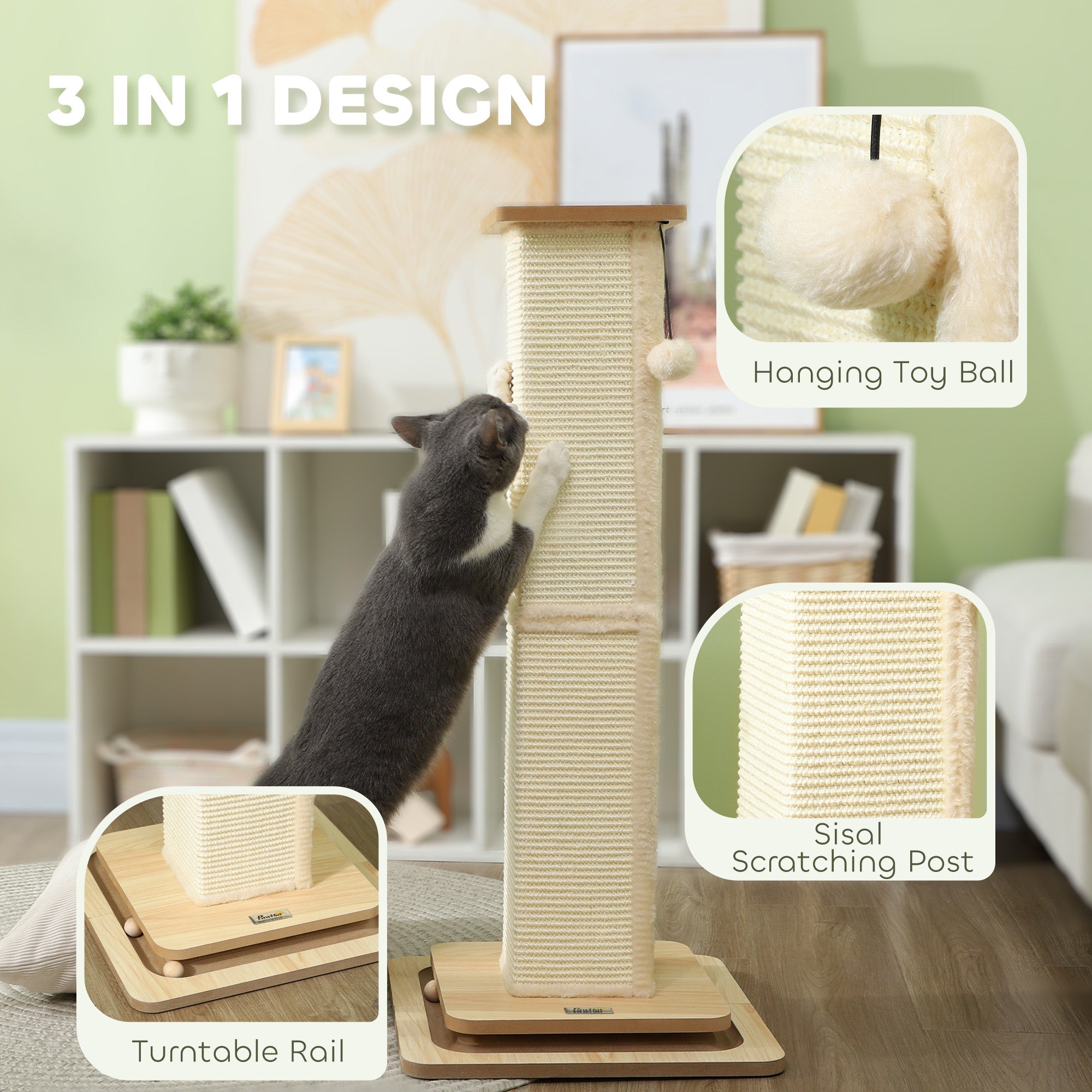 3-in-1 Cat Scratching Post, 87cm Cat Scratcher w/ Track Ball Toy, Oak Tone-3