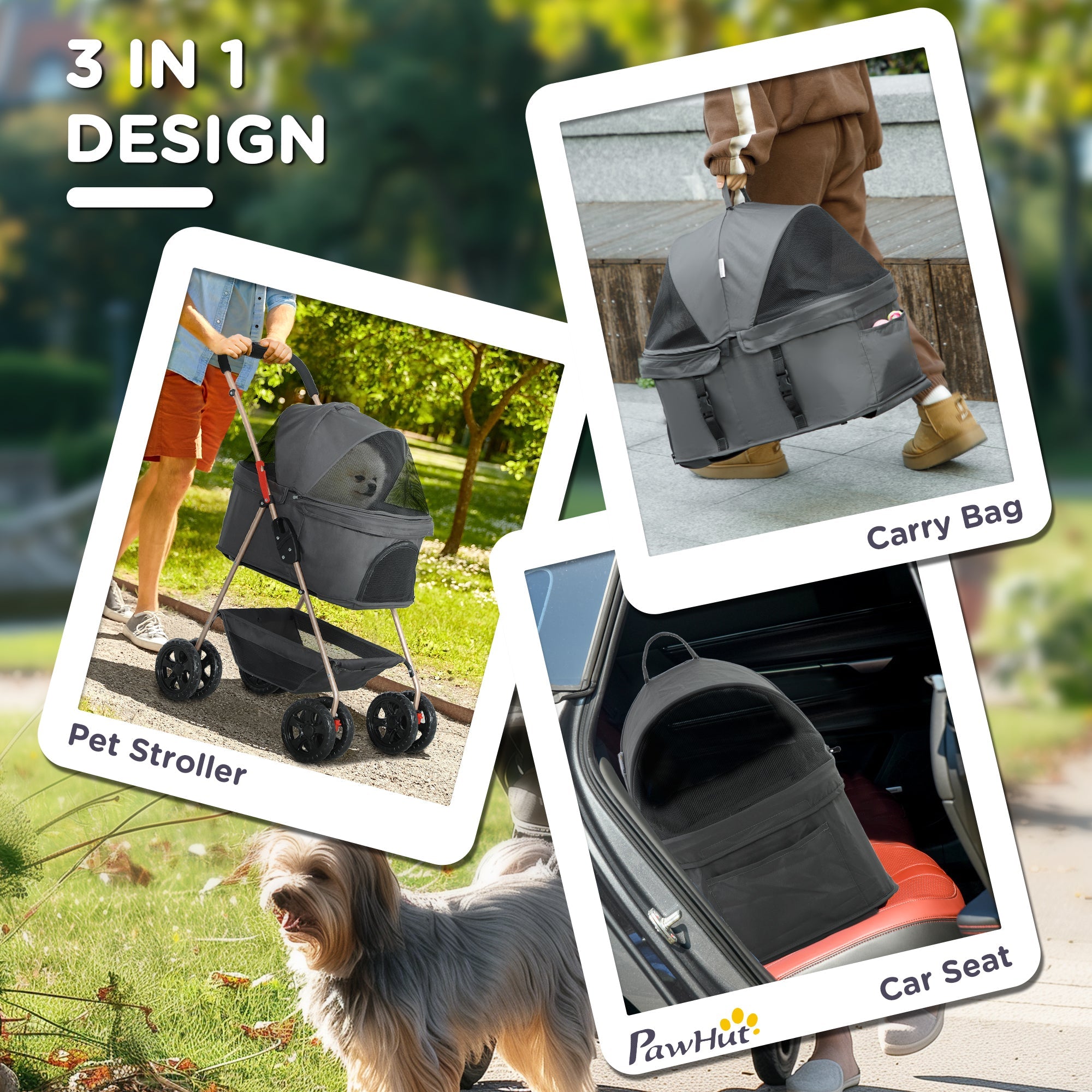 3 in 1 Pet Stroller, Folding 4 Wheels Dog Pram with Detachable Carrier for Mini Dogs Cats, Grey-3