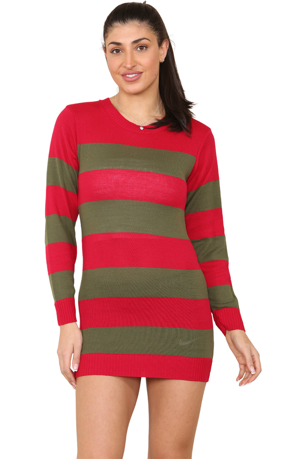 Wickedfun Women's Red and Green Stripe Knitted Long Dress Jumper-0