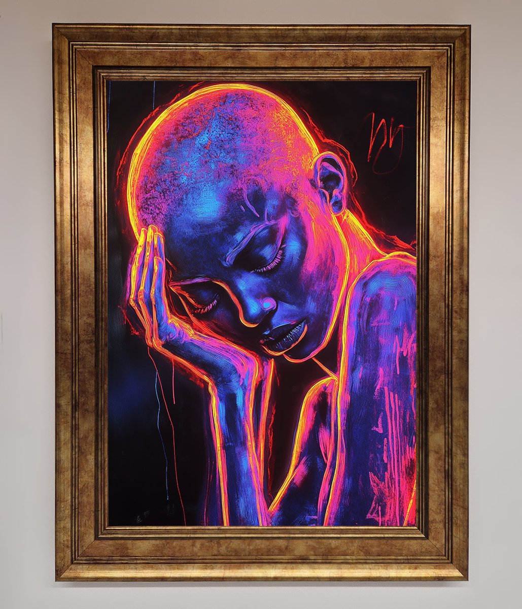 Neon Woman Hands In Head Framed Print-12