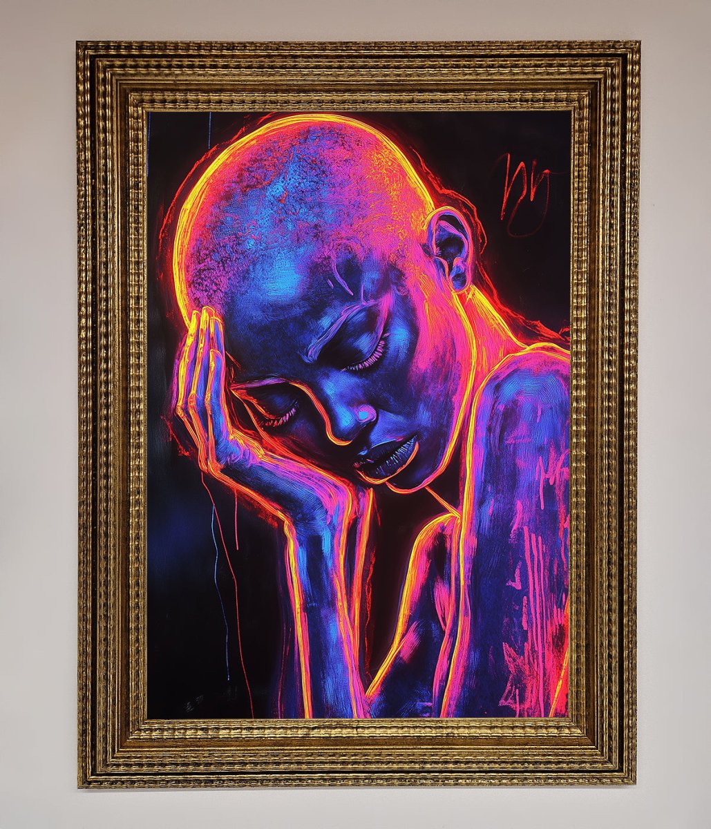 Neon Woman Hands In Head Framed Print-9