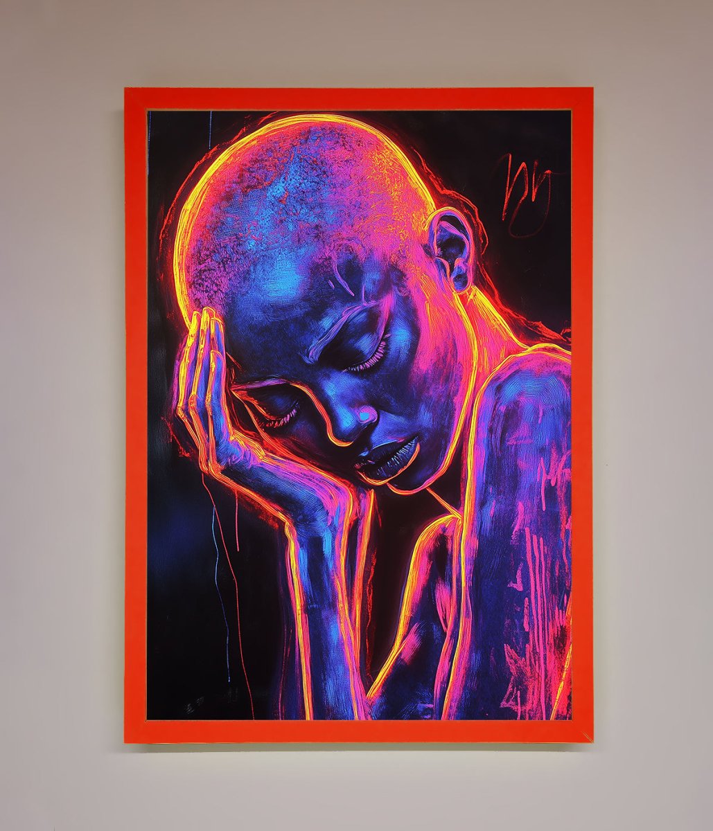 Neon Woman Hands In Head Framed Print-0
