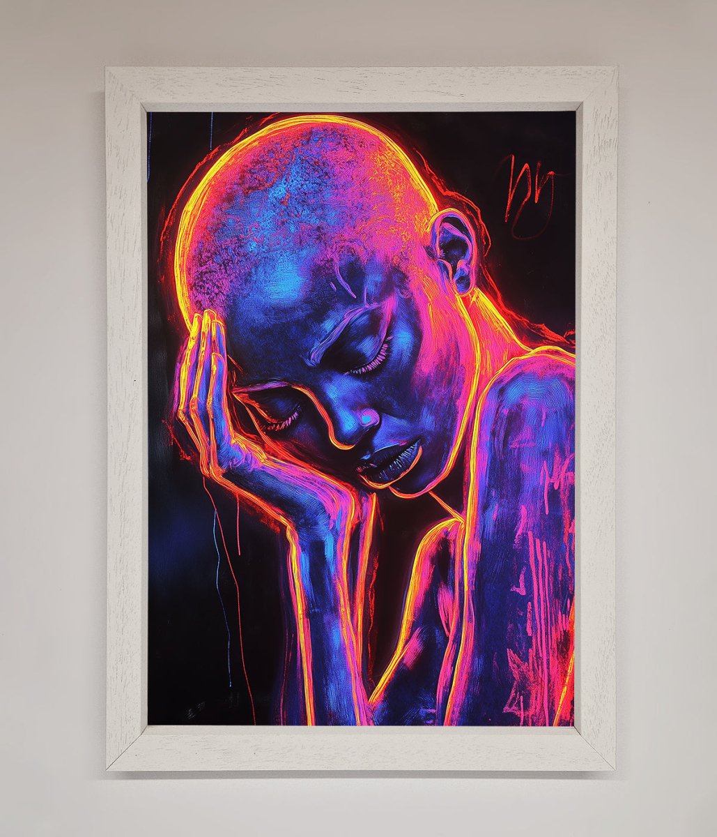 Neon Woman Hands In Head Framed Print-2