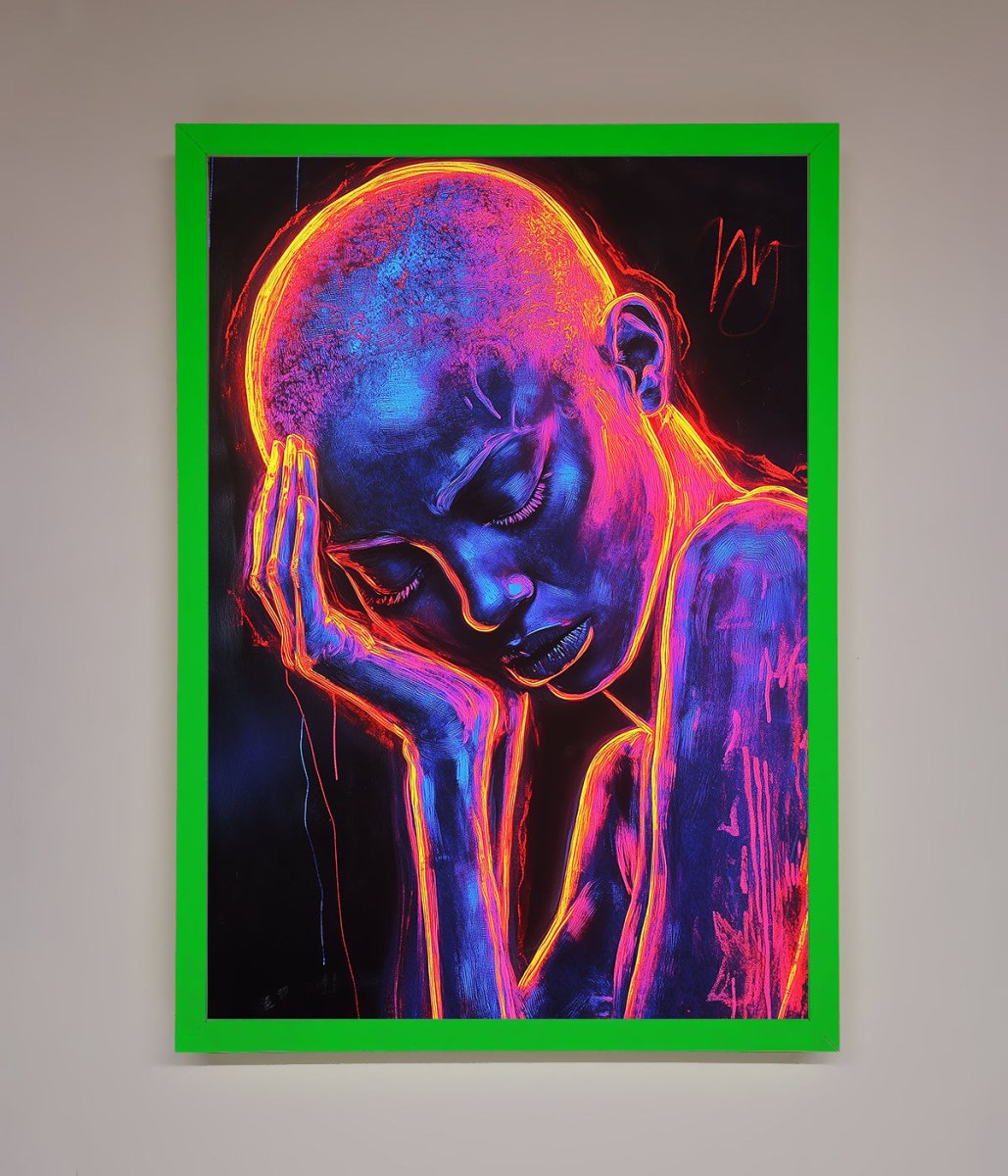 Neon Woman Hands In Head Framed Print-8