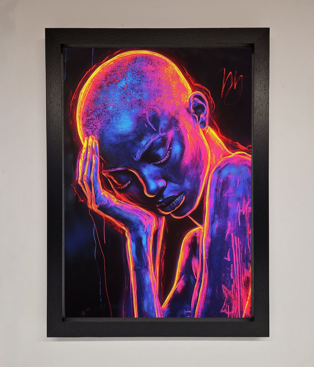 Neon Woman Hands In Head Framed Print-1