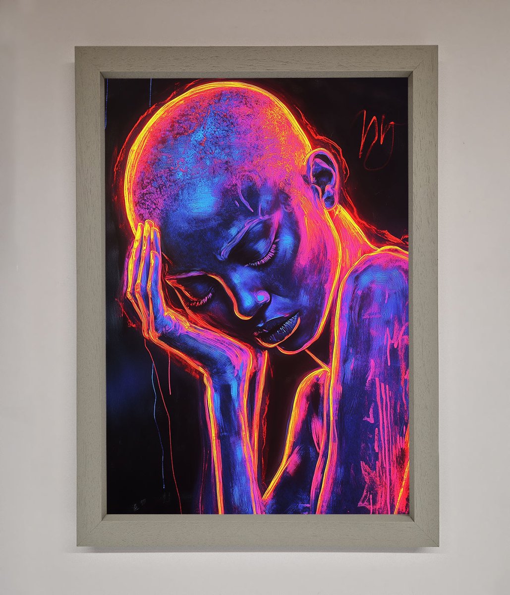 Neon Woman Hands In Head Framed Print-3