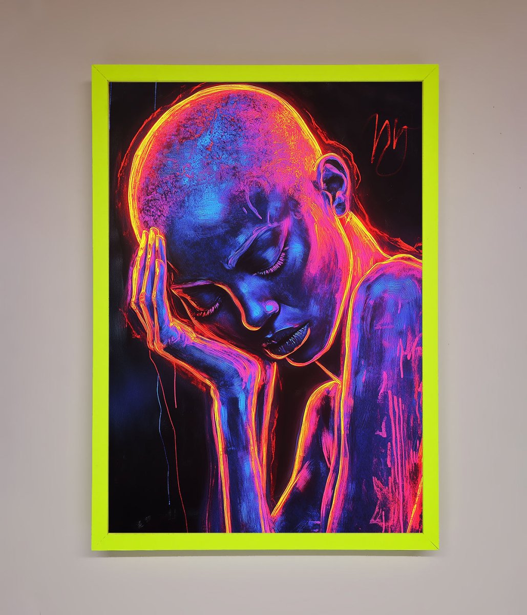 Neon Woman Hands In Head Framed Print-7
