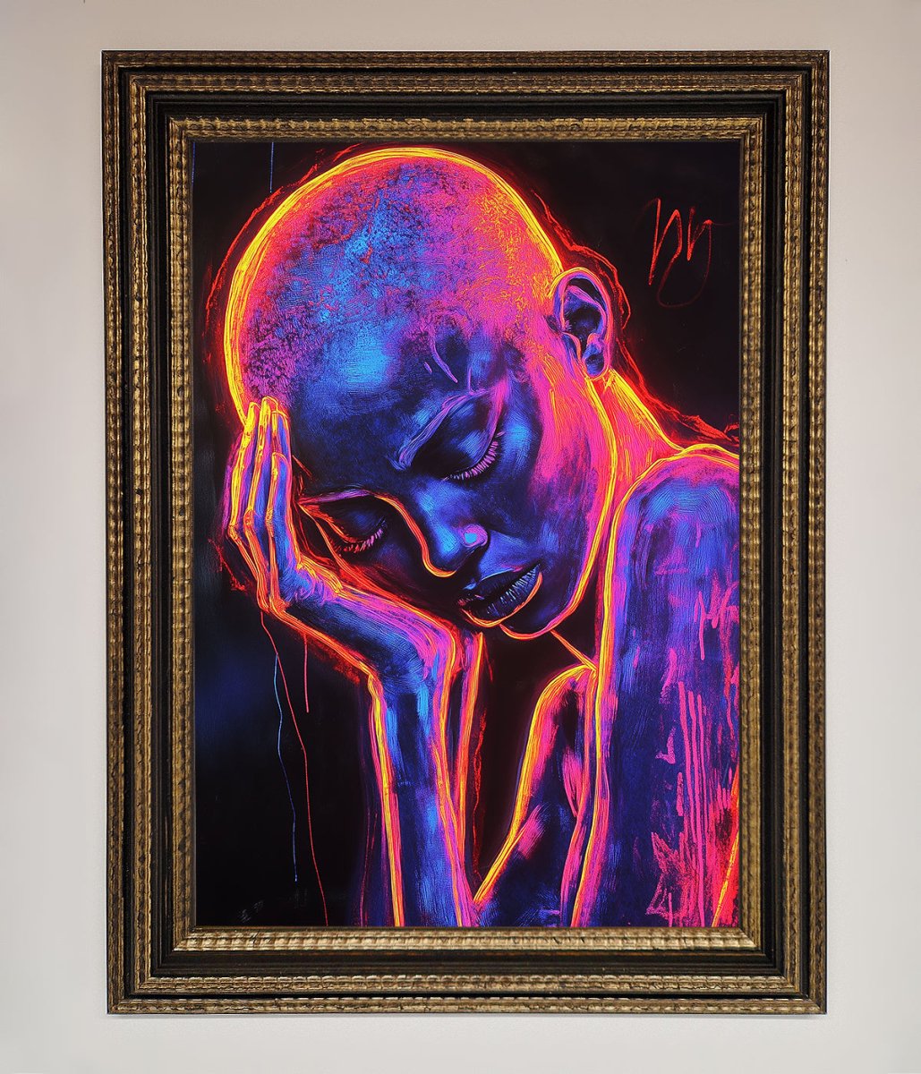 Neon Woman Hands In Head Framed Print-11
