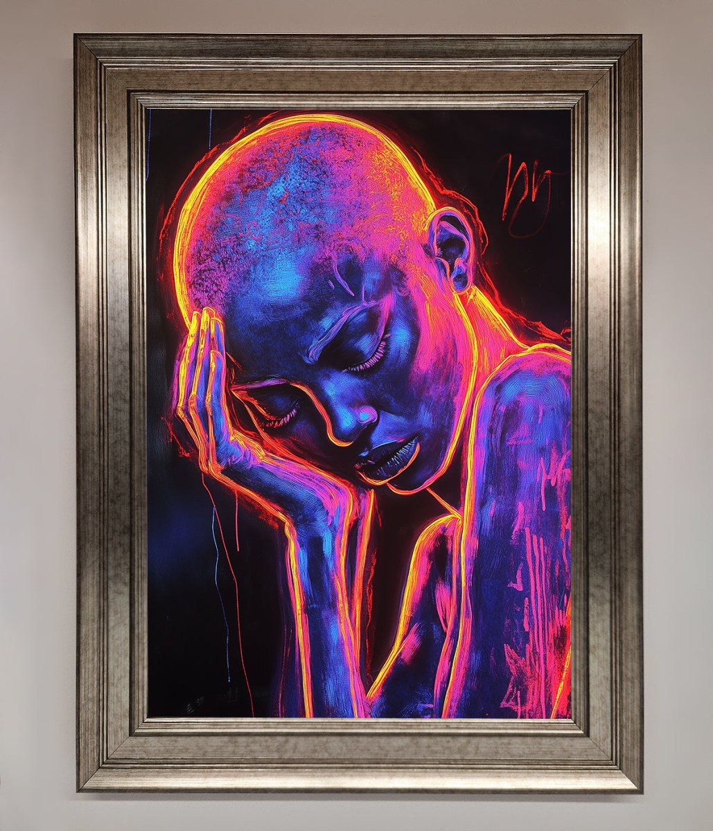 Neon Woman Hands In Head Framed Print-14