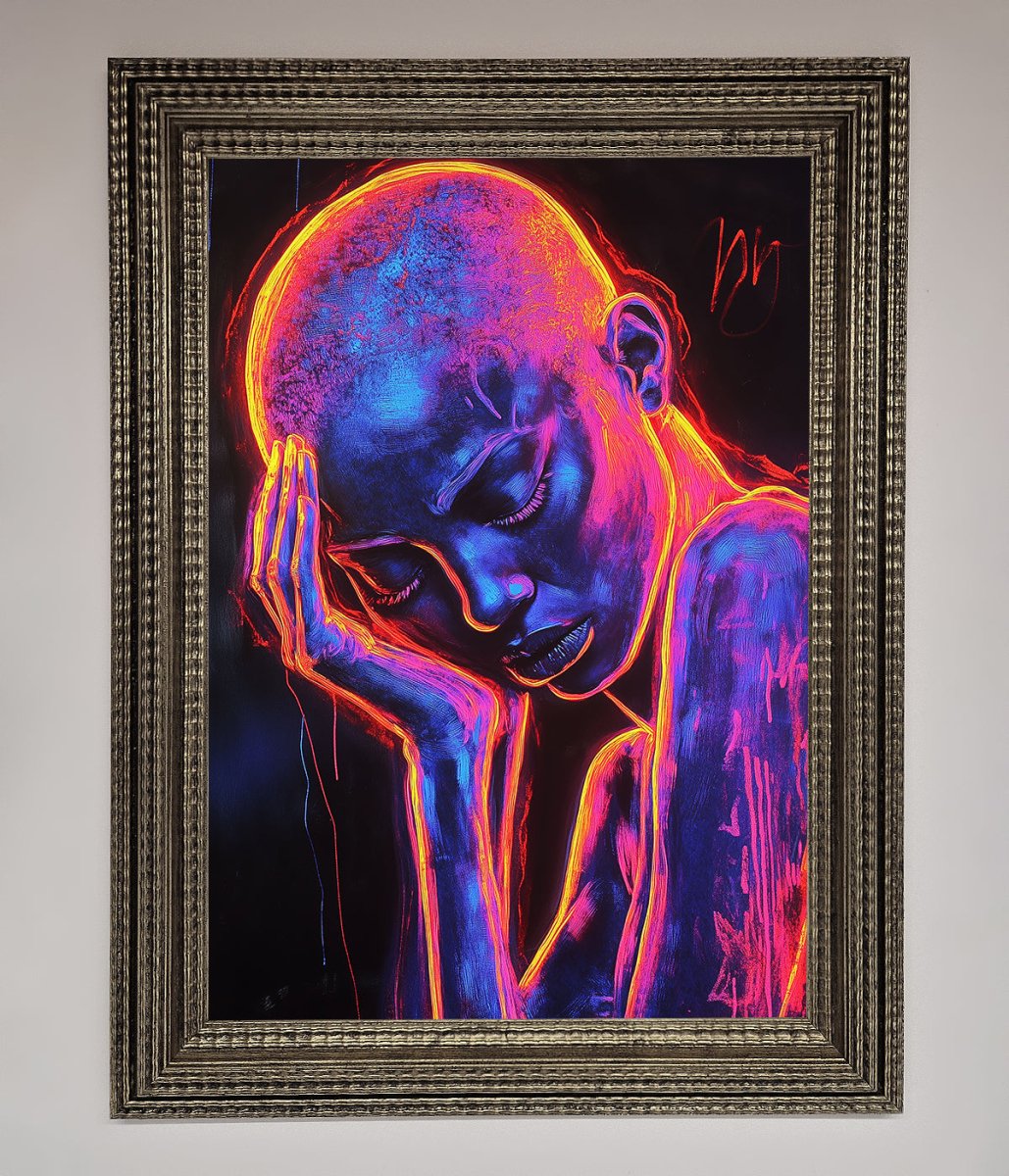 Neon Woman Hands In Head Framed Print-10