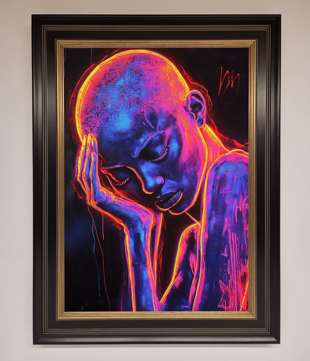 Neon Woman Hands In Head Framed Print-17
