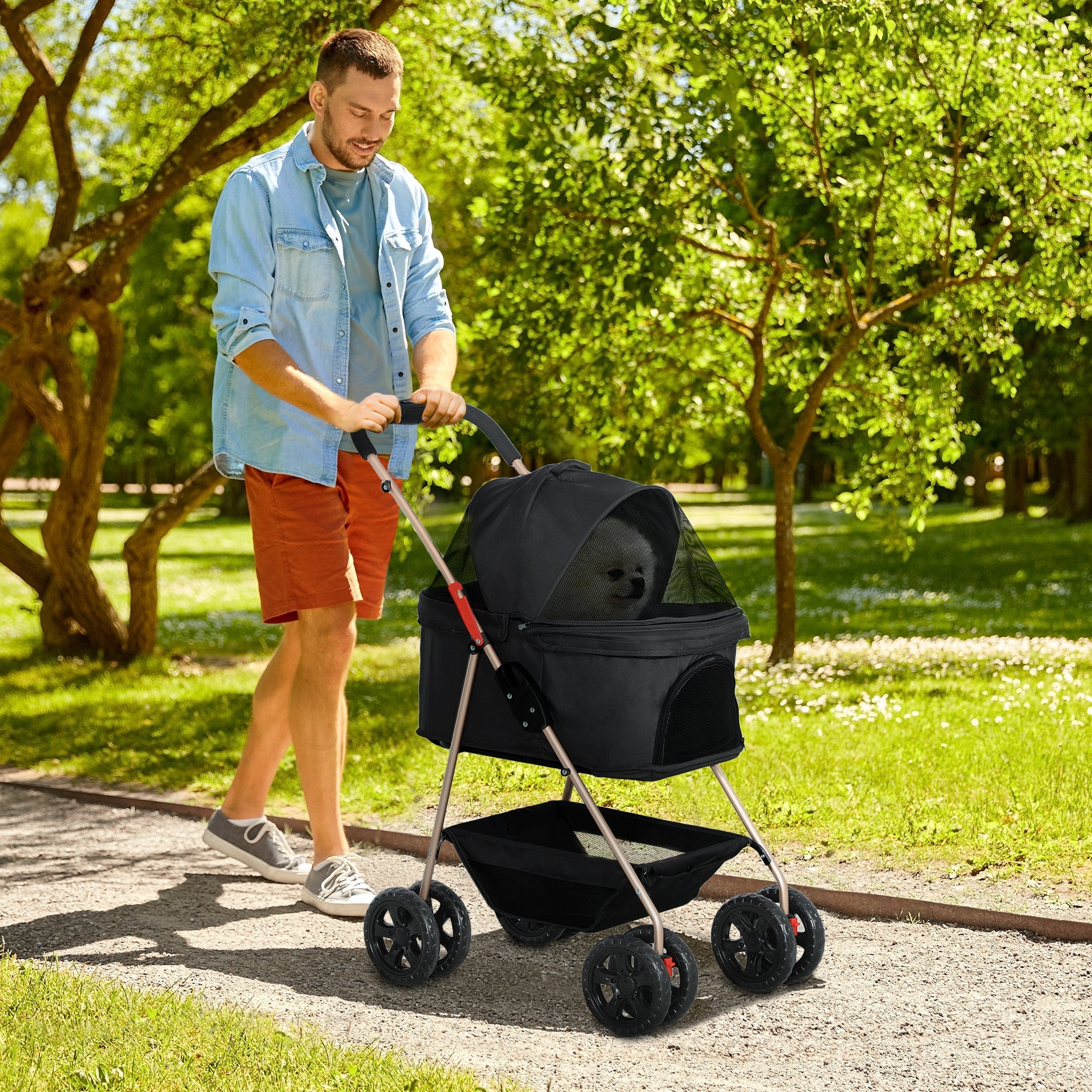 3 in 1 Pet Stroller, Folding 4 Wheels Dog Pram with Detachable Carrier for Mini Dogs Cats, Black-1