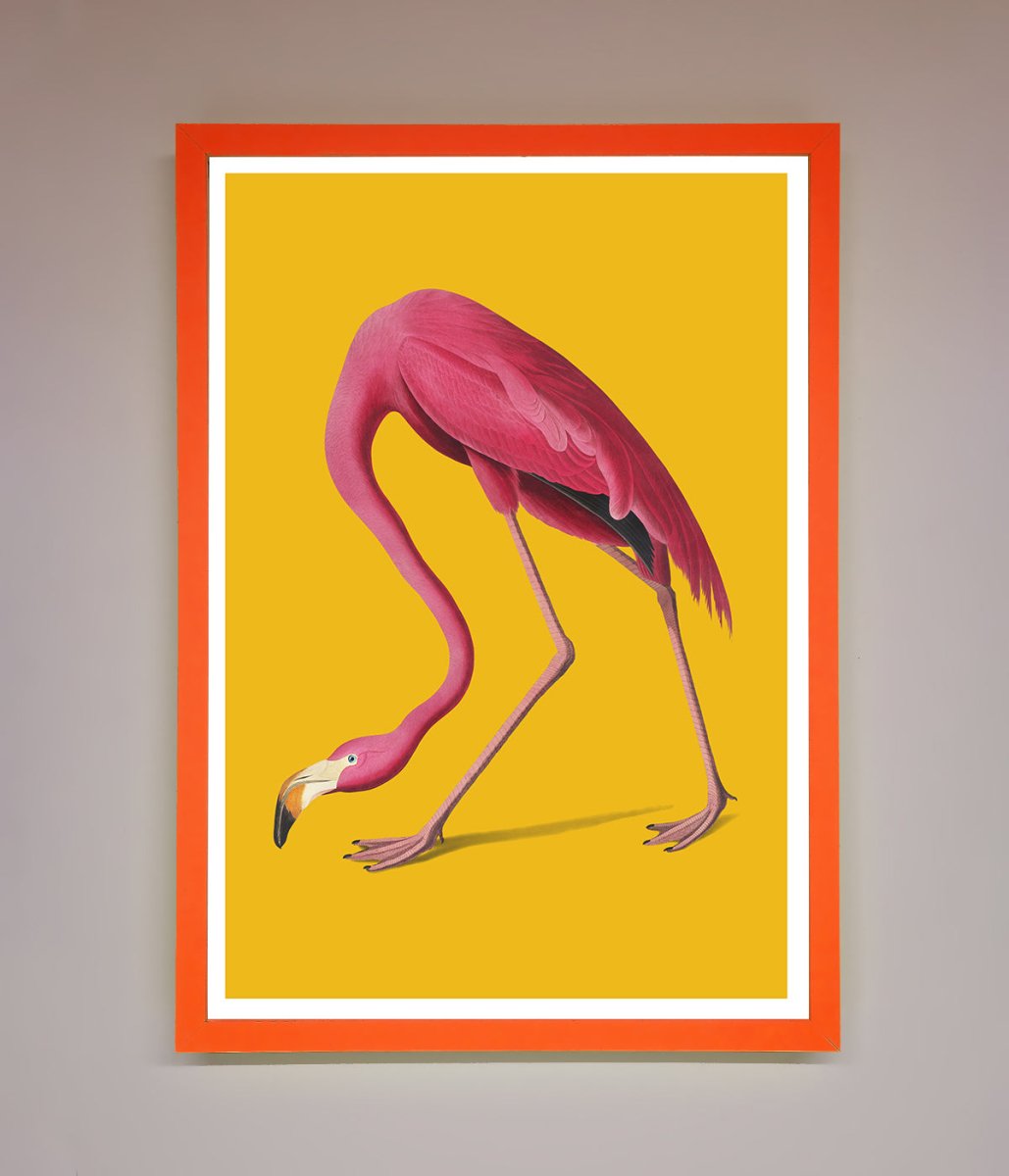 Pink Flamingo On Yellow Framed Print-11