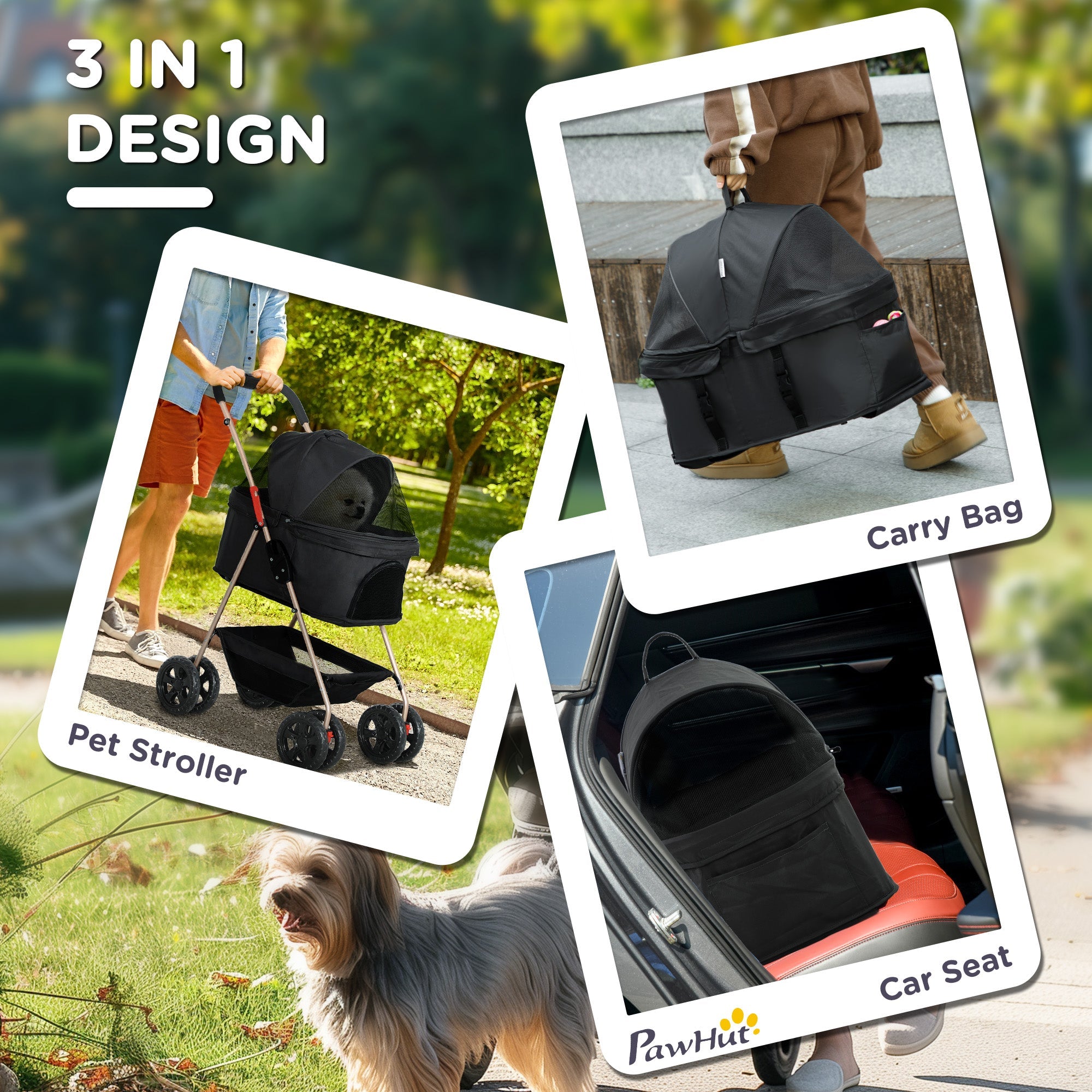 3 in 1 Pet Stroller, Folding 4 Wheels Dog Pram with Detachable Carrier for Mini Dogs Cats, Black-3