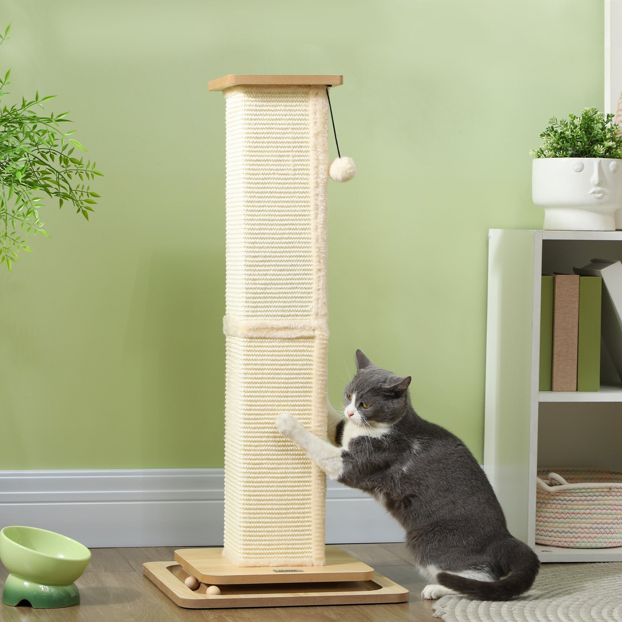 3-in-1 Cat Scratching Post, 87cm Cat Scratcher w/ Track Ball Toy, Oak Tone-1