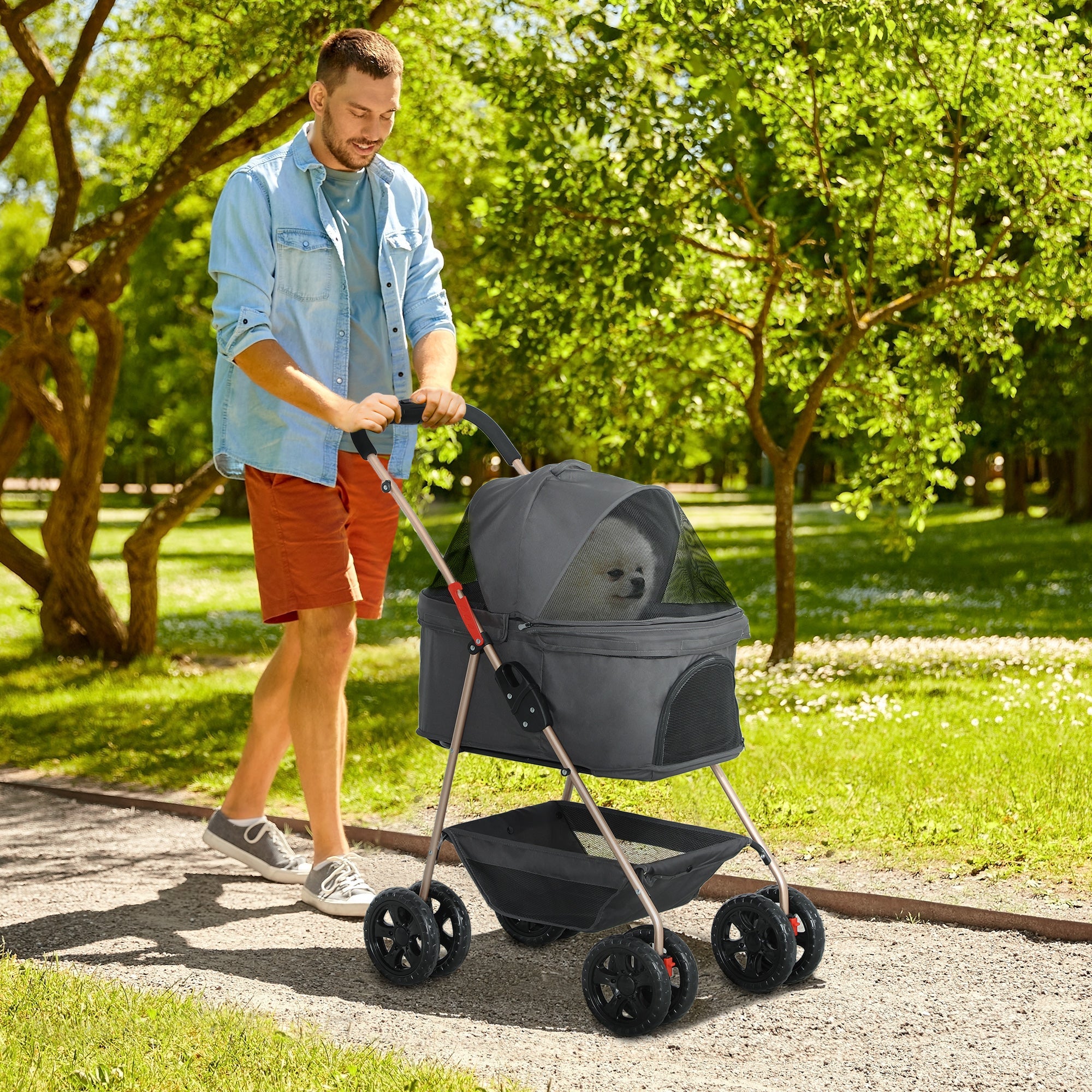 3 in 1 Pet Stroller, Folding 4 Wheels Dog Pram with Detachable Carrier for Mini Dogs Cats, Grey-1