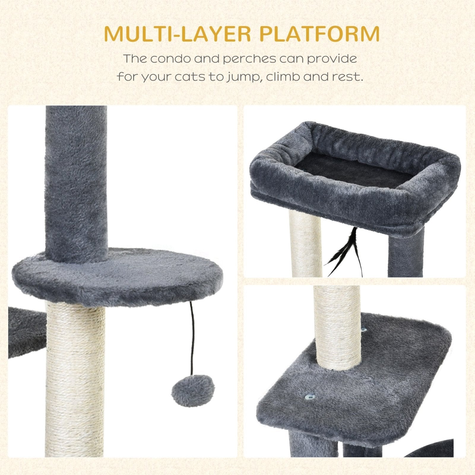 100cm Cat Tree for Indoor Cats, Multi-Activity Cat Tower with Perch House Scratching Post Platform Play Ball Rest Relax, Grey and White-3