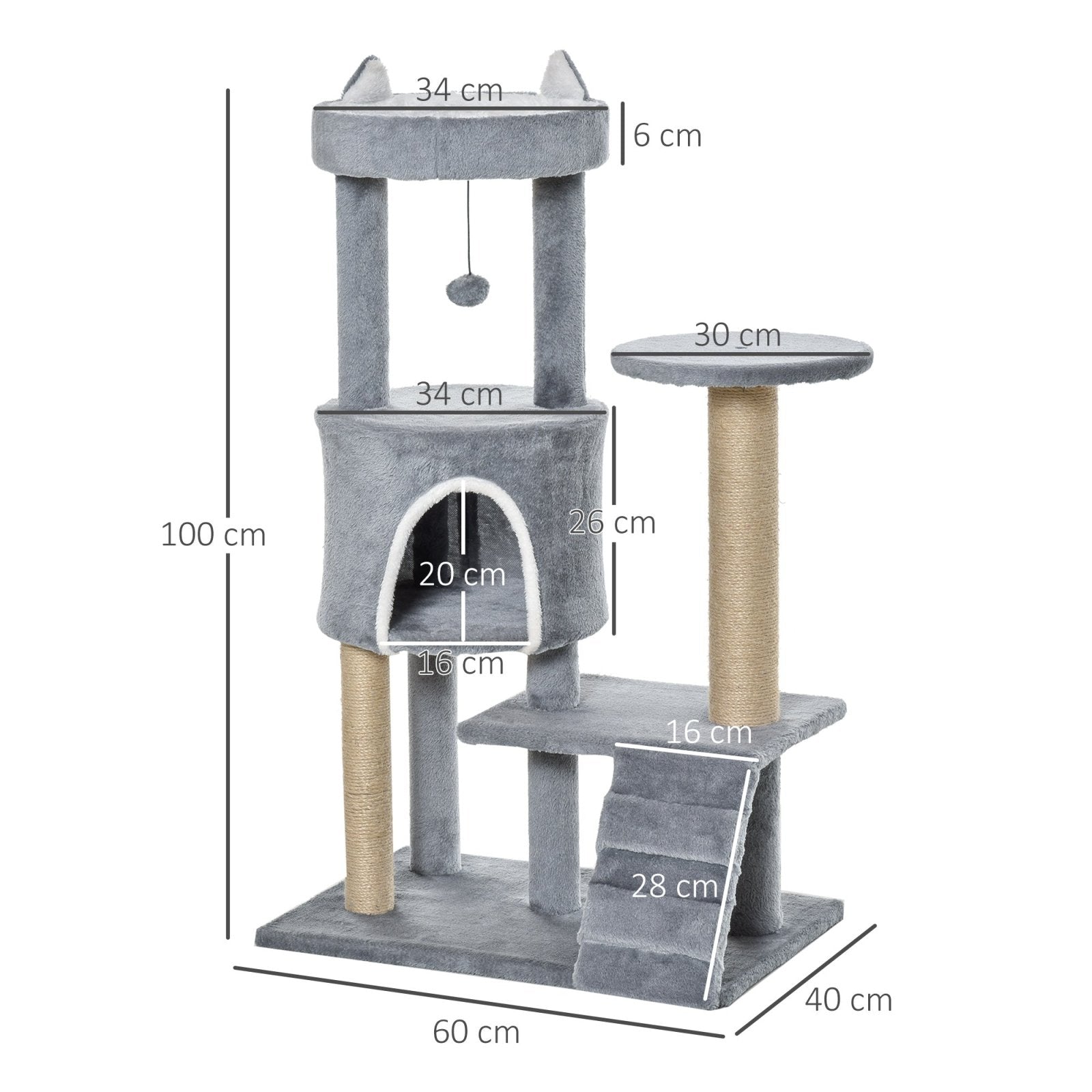100cm Cat Tree Tower Condo Multi Platform Kitty Cat Center with Climbing Ladder Scratching Post Hanging Toy Ball, Light Grey-2