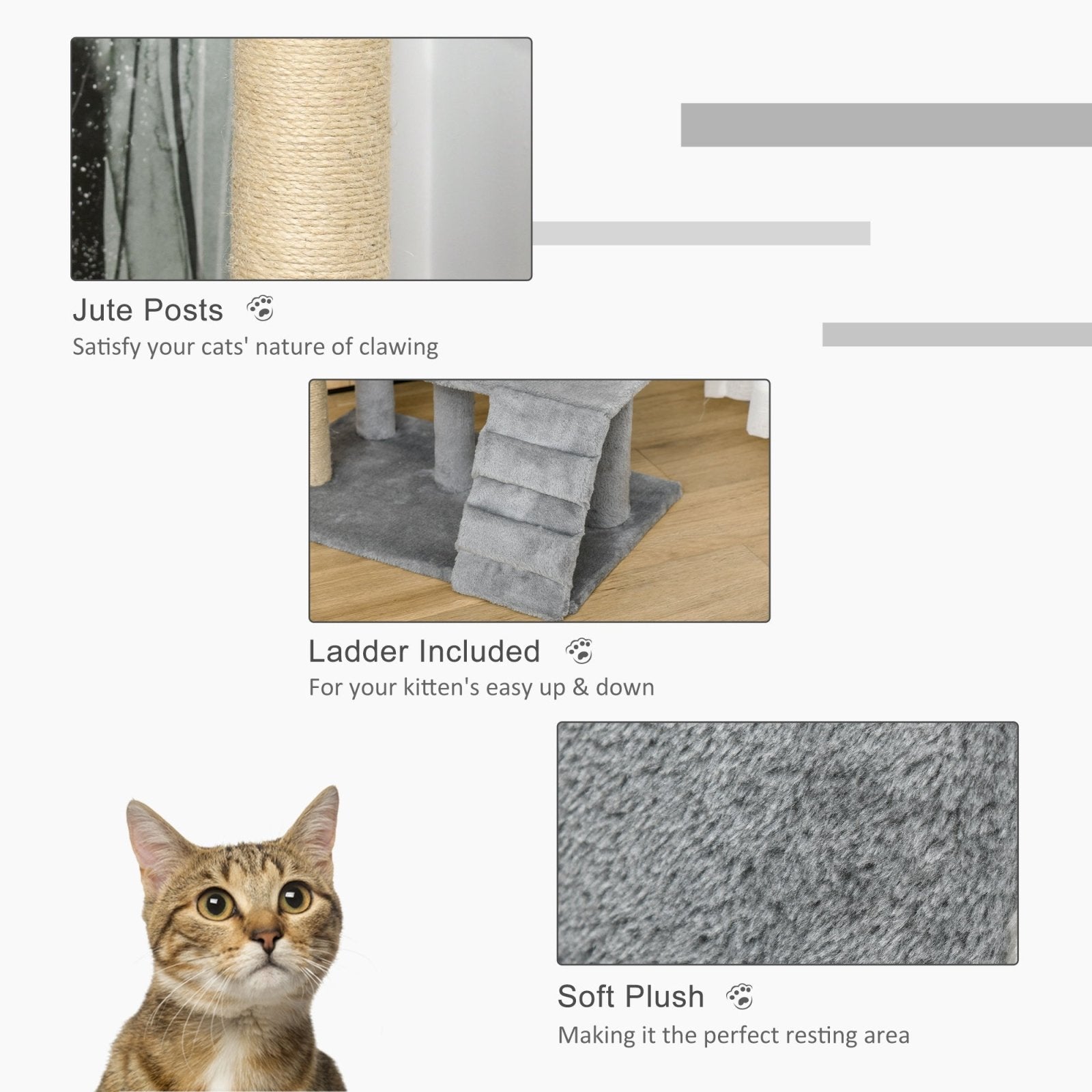 100cm Cat Tree Tower Condo Multi Platform Kitty Cat Center with Climbing Ladder Scratching Post Hanging Toy Ball, Light Grey-4