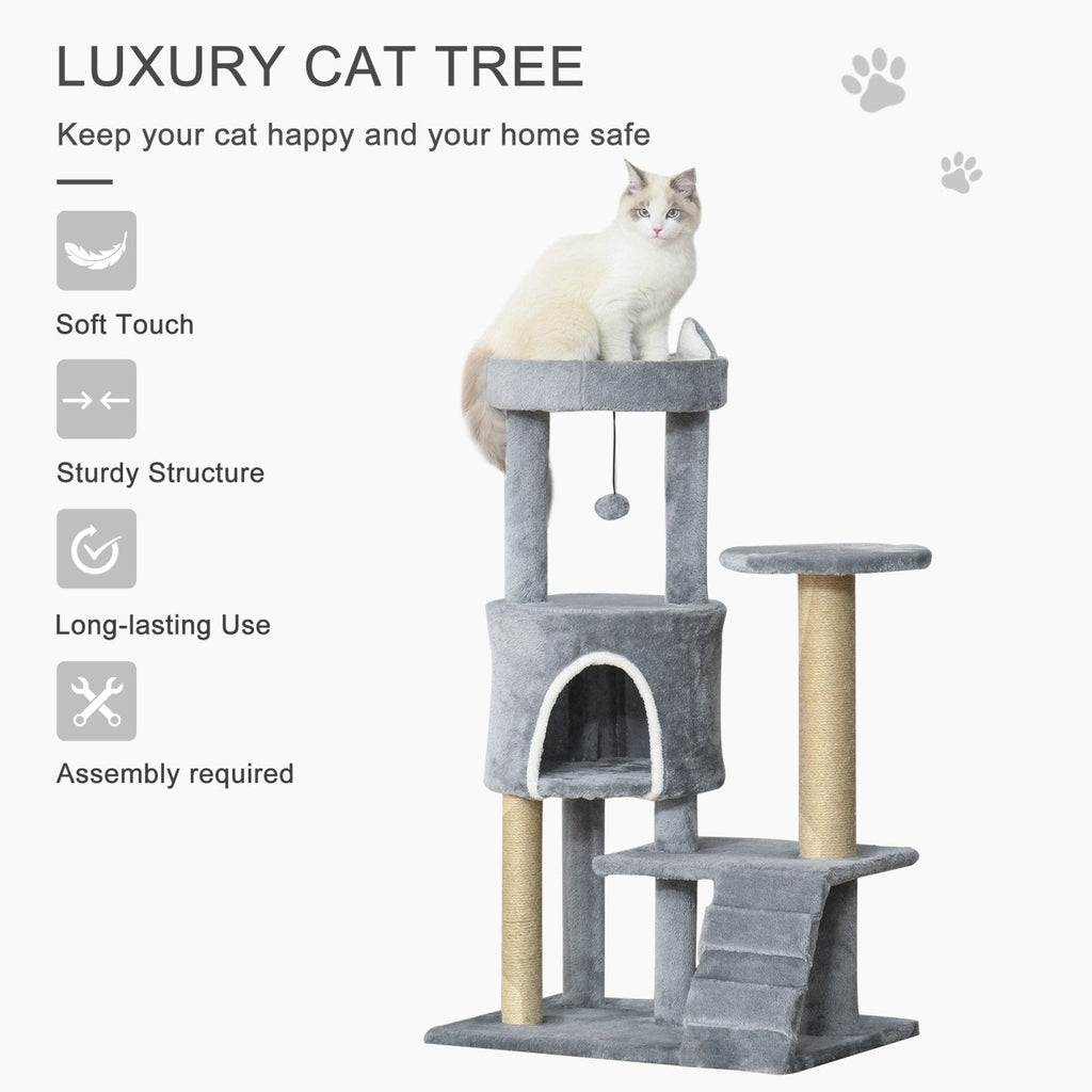 100cm Cat Tree Tower Condo Multi Platform Kitty Cat Center with Climbing Ladder Scratching Post Hanging Toy Ball, Light Grey-3