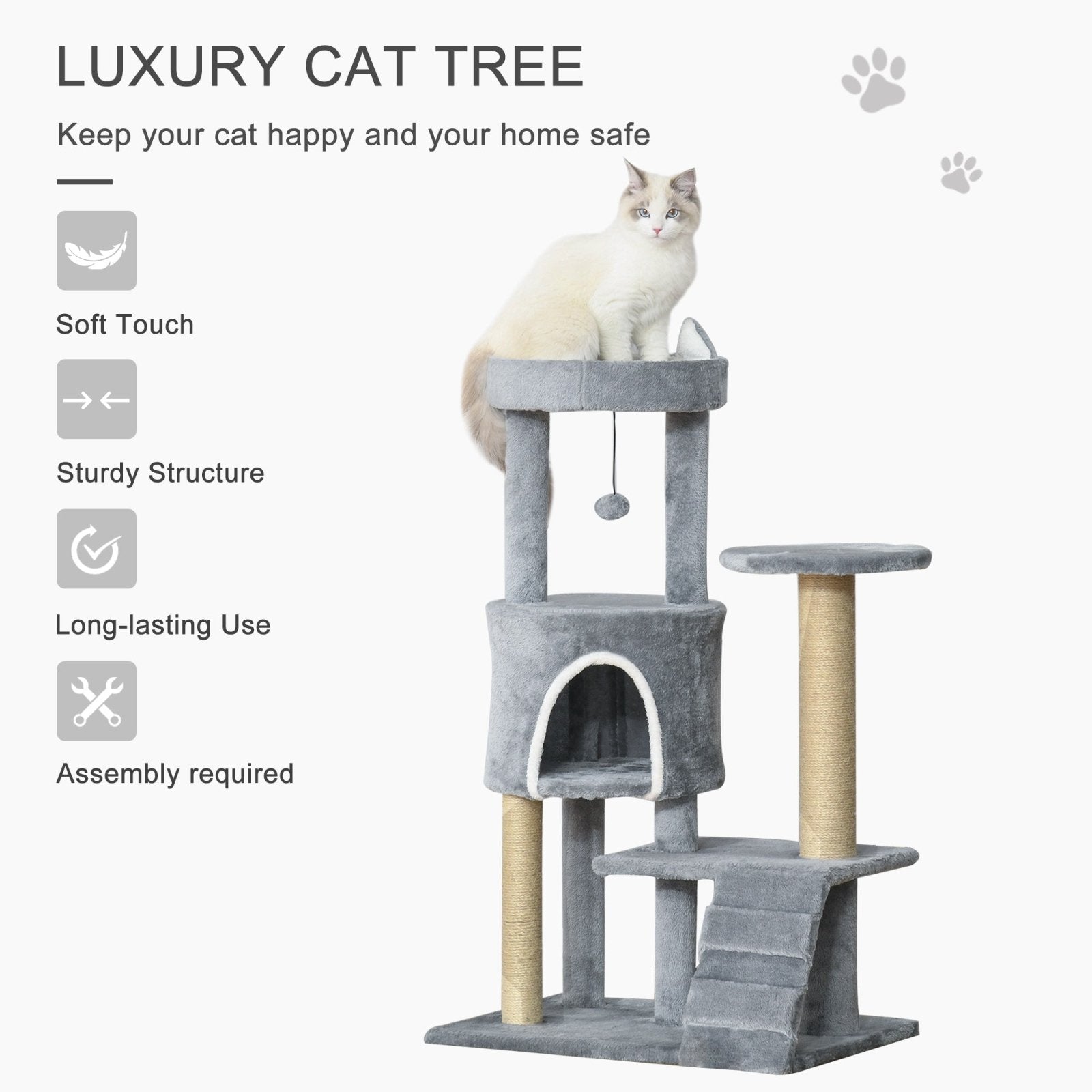 100cm Cat Tree Tower Condo Multi Platform Kitty Cat Center with Climbing Ladder Scratching Post Hanging Toy Ball, Light Grey-3