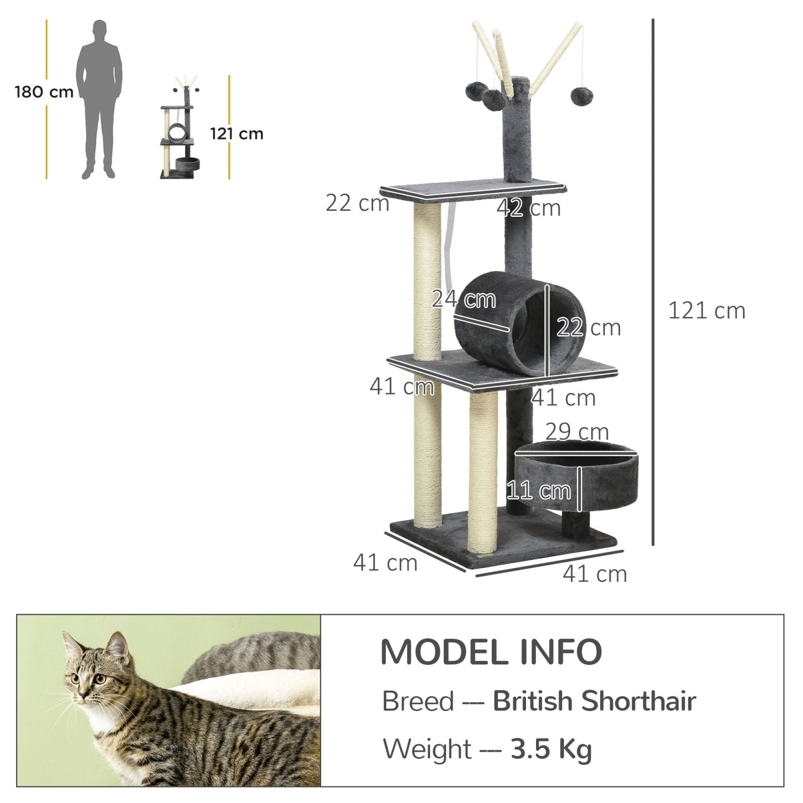 121cm Cat Tree Tower for Indoor Cats Kitten Activity Center Scratching Post with Bed Tunnel Perch Interactive Ball Toy, Grey-2