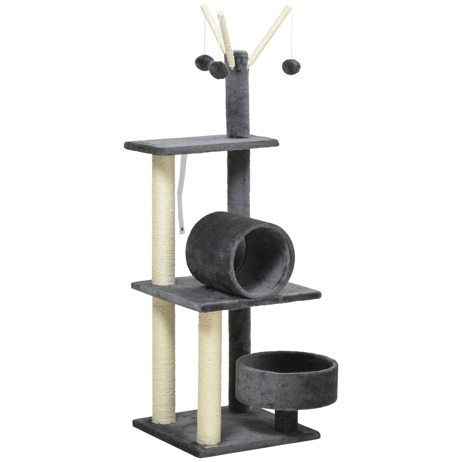 121cm Cat Tree Tower for Indoor Cats Kitten Activity Center Scratching Post with Bed Tunnel Perch Interactive Ball Toy, Grey-0