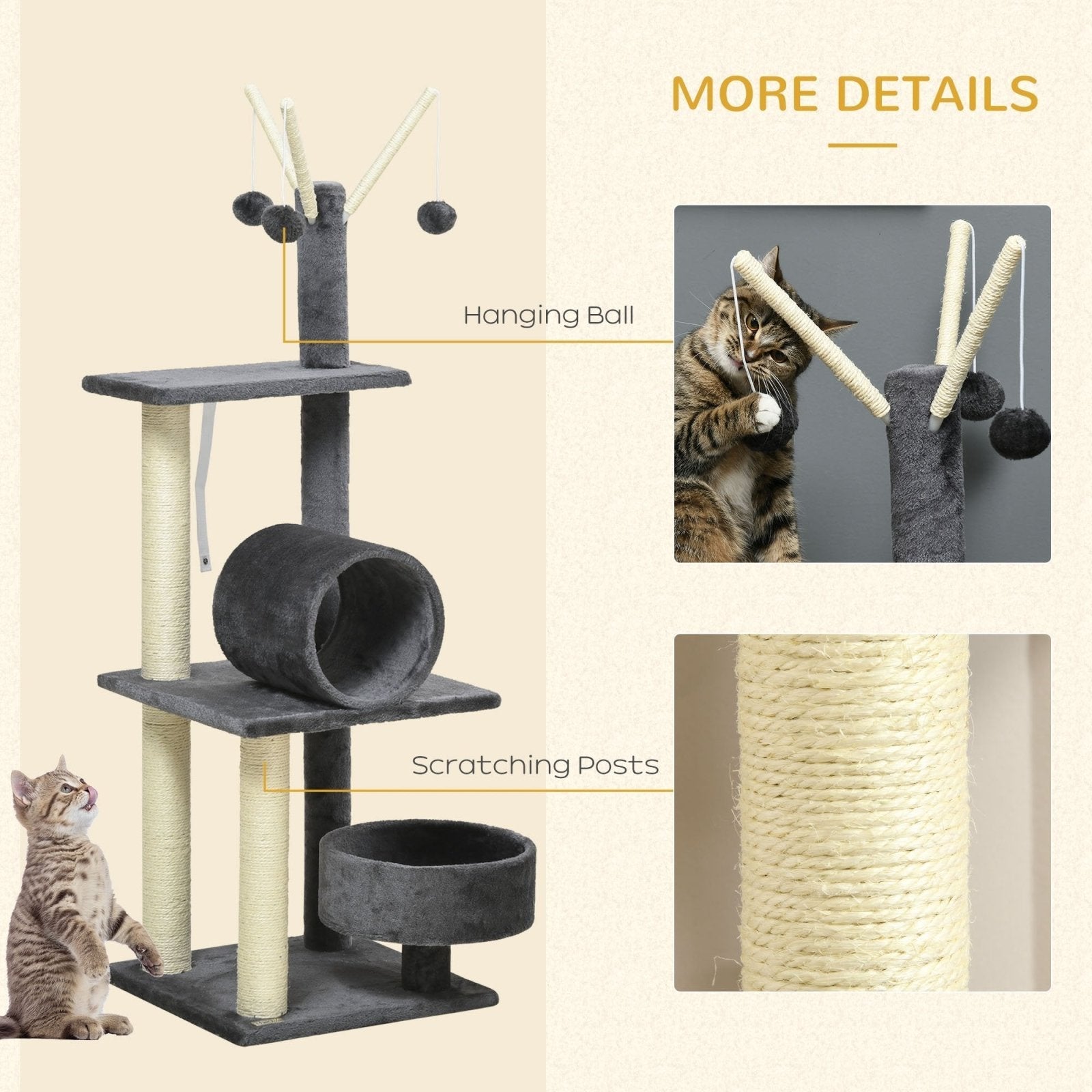 121cm Cat Tree Tower for Indoor Cats Kitten Activity Center Scratching Post with Bed Tunnel Perch Interactive Ball Toy, Grey-4