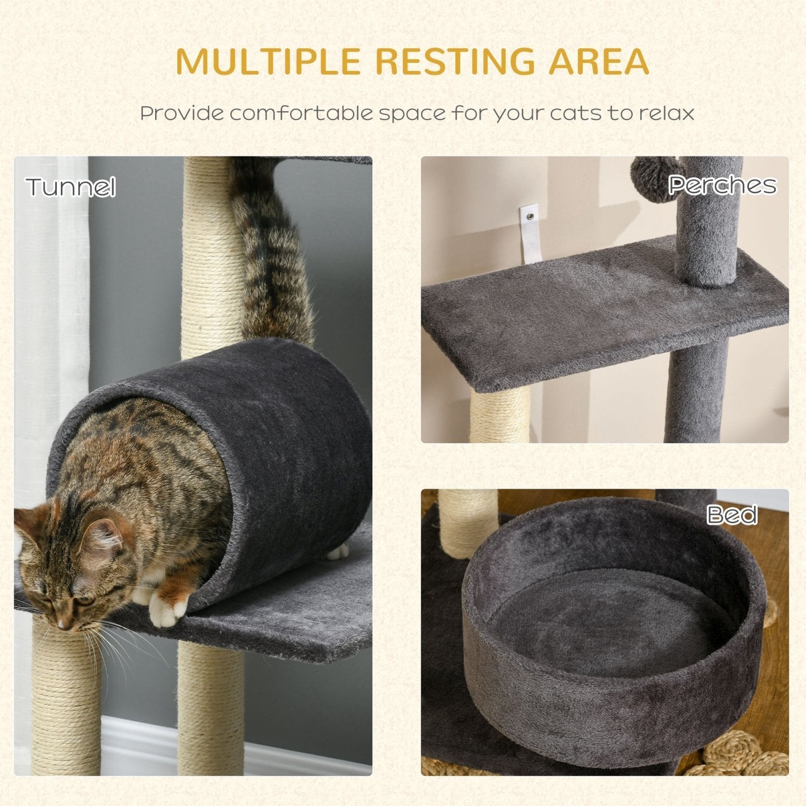 121cm Cat Tree Tower for Indoor Cats Kitten Activity Center Scratching Post with Bed Tunnel Perch Interactive Ball Toy, Grey-3